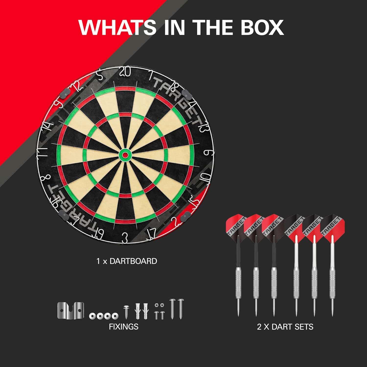 Sada ocelových terčů Target Rift Das Foto zeigt das Target Rift Steeldartboard Set. Es ist ein komplettes Dartset mit Steeldartboard.