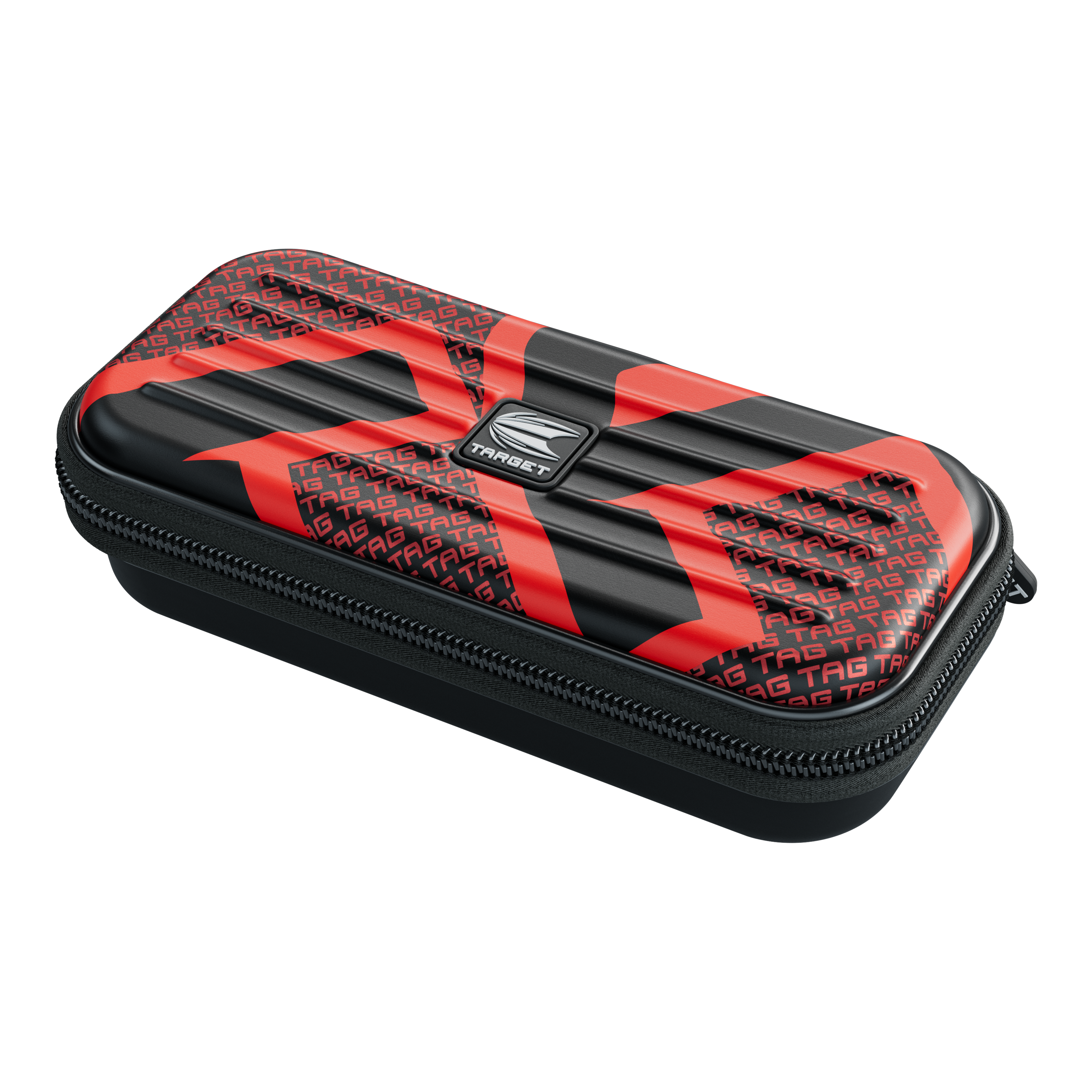 Das Bild zeigt ein schwarzes Etui mit auffälligem roten Muster und dem Wort "TAG" mehrfach darauf. In der Mitte befindet sich ein silbernes Emblem mit dem Schriftzug "TARGET".