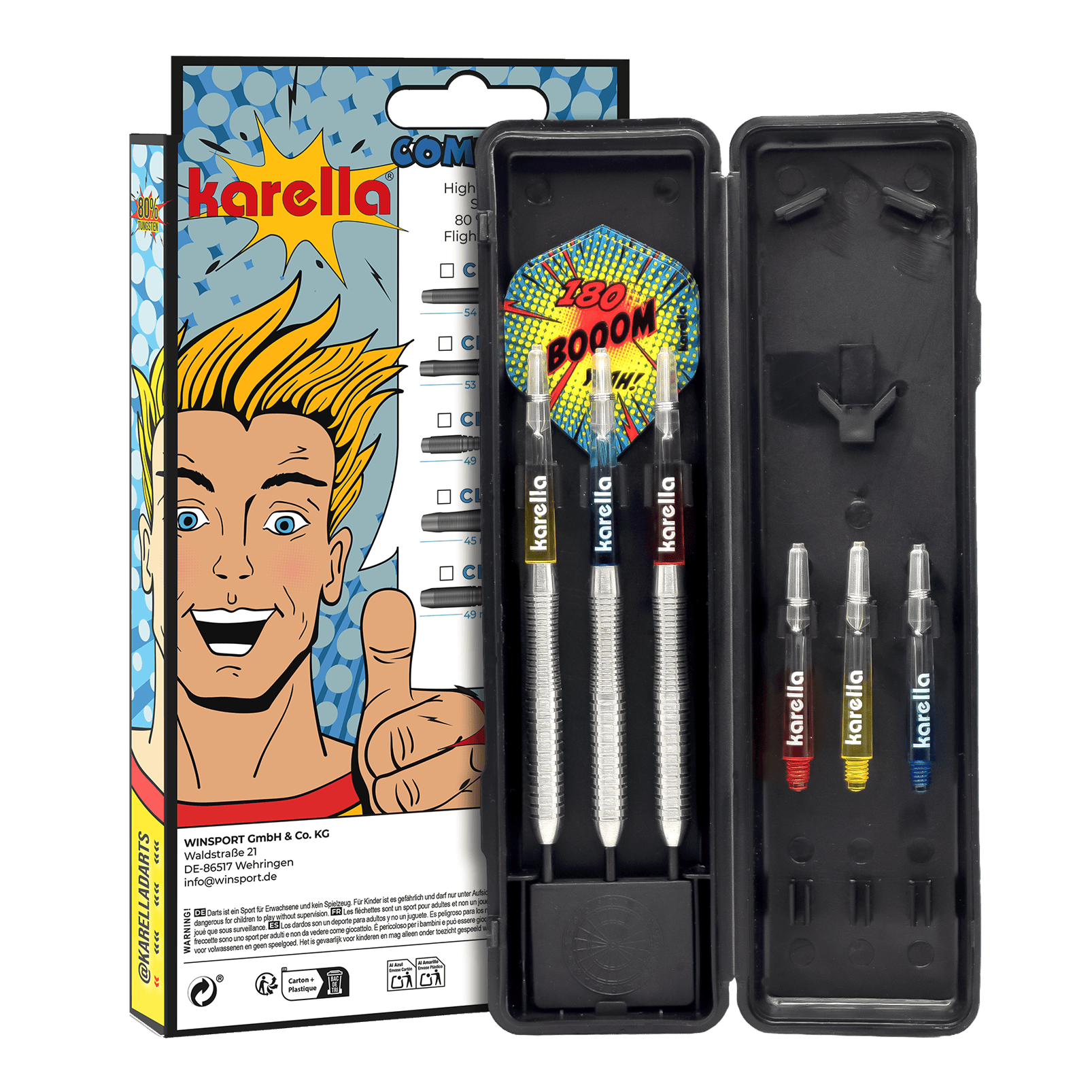 Ocelové šipky Karella Comic Line CL-2 - 23g Hier sind die Karella Comic Line CL-2 Steeldarts mit einem Gewicht von 23g abgebildet. Die Darts sind speziell für den Einsatz im Wettkampf gedacht.