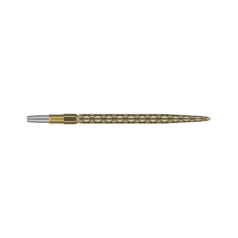 Zaměřte hroty šipek Swiss Diamond Pro Gold Dies ist eine goldfarbene Dartspitze mit einem rautenförmigen Muster. Die Spitze ist schlank und hat am hinteren Ende einen silbernen Anschluss.