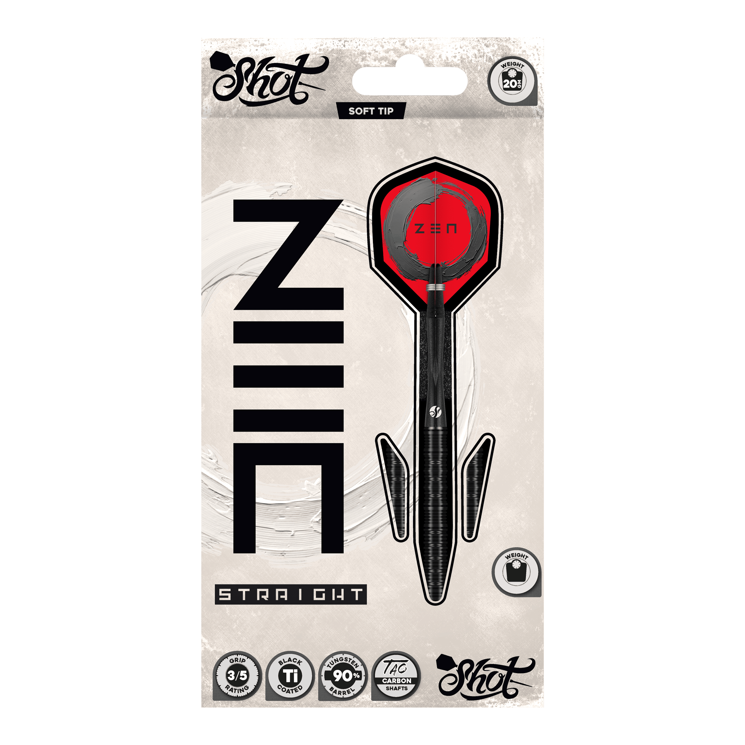 Šipky Shot ZEN Straight Soft - 20g Abgebildet sind die Shot ZEN Straight Softdarts - 20g. Diese Darts zeichnen sich durch ihre gerade Form aus.