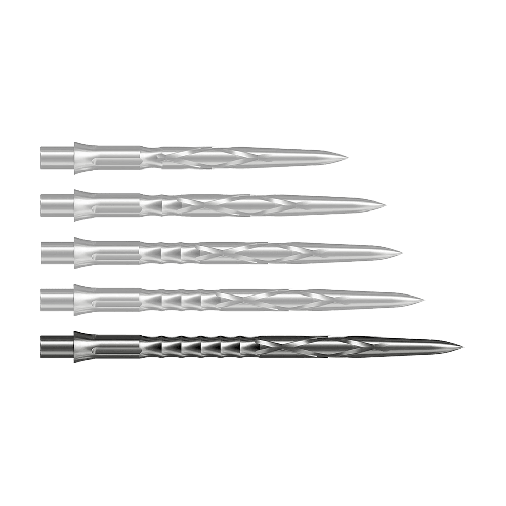 Ocelové hroty na šipky Caliburn System - HAN G2 - Stříbrné Zu sehen ist eine silberne Caliburn Evo System Steeldartspitze, 40mm lang. Dieses Produkt ist robust und für Dartspiele gedacht.