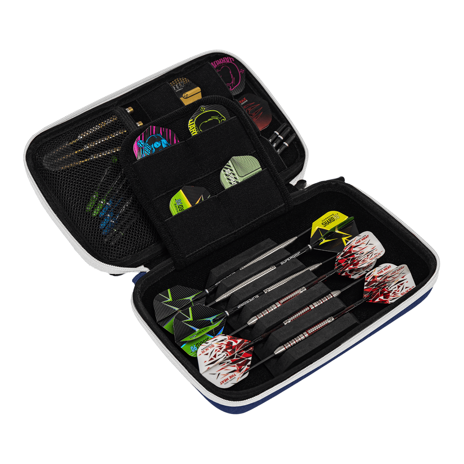 Peněženka na šipky Harrows Smart Case XL Das Bild zeigt ein geöffnetes Dart-Etui mit mehreren Darts und Zubehörteilen. In den Fächern sind verschiedene Flights und Spitzen ordentlich verstaut.