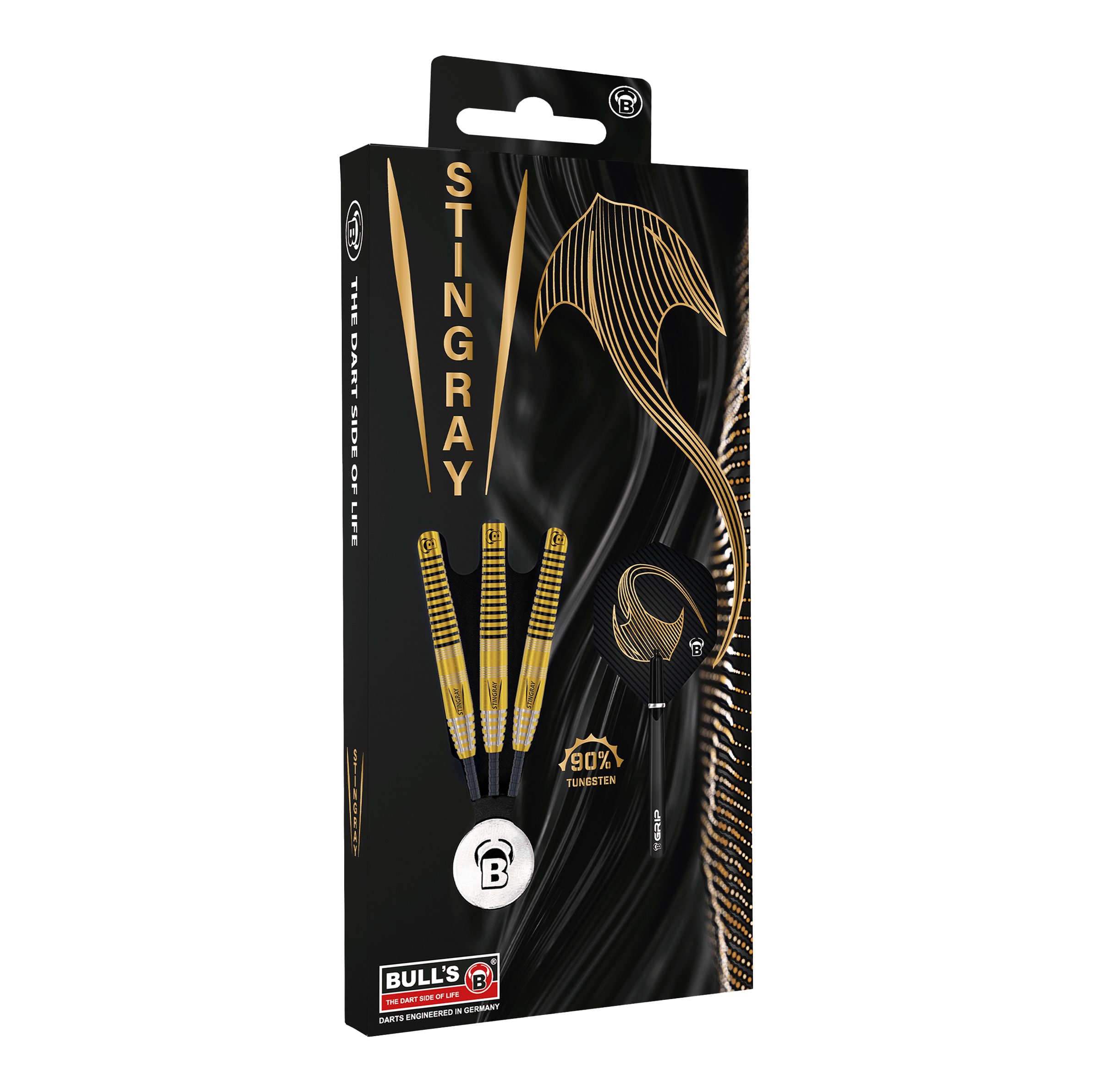 Bulls Stingray ST3 Steeldarts Die Verpackung zeigt die Bulls Stingray ST3 Steeldarts mit einem stilvollen schwarzen und goldenen Design. Auf der Packung ist auch ein goldener Stachelrochen sowie der Hinweis "90% Tungsten" abgebildet.