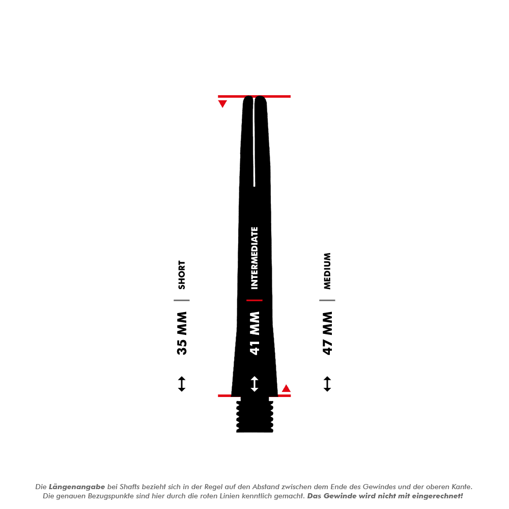 SM3809_Shot_Aluminium_Shafts_Black_5_41mm Das Bild zeigt einen schwarzen Aluminiumschaft für Darts mit Längenangaben. Die Länge des abgebildeten Schafts beträgt 41 mm (Intermediate), gemessen ohne das Gewinde.