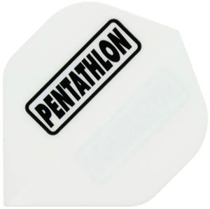 p11 Das Bild zeigt das Produkt "Pentathlon Flights P11". Es ist ein weißes Dartflight mit dem schwarzen Schriftzug "PENTATHLON" darauf.
