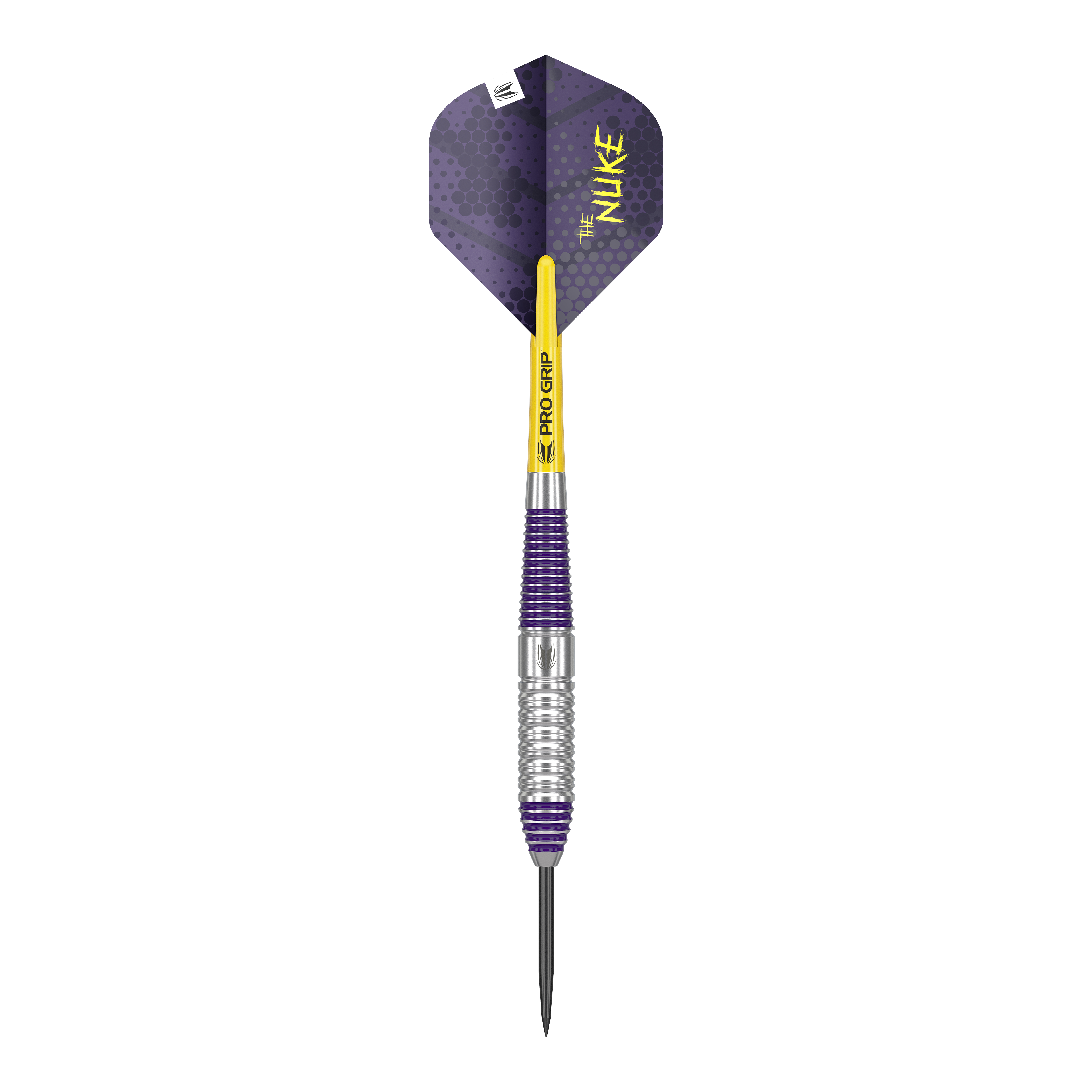 Šipky Target Luke Littler mosazné ocelové - 22g Das Bild zeigt einen Target Luke Littler Brass Steeldart mit einem Gewicht von 22g. Der Dart hat violette und silberne Elemente sowie einen gelben Schaft mit der Aufschrift „PRO GRIP“.