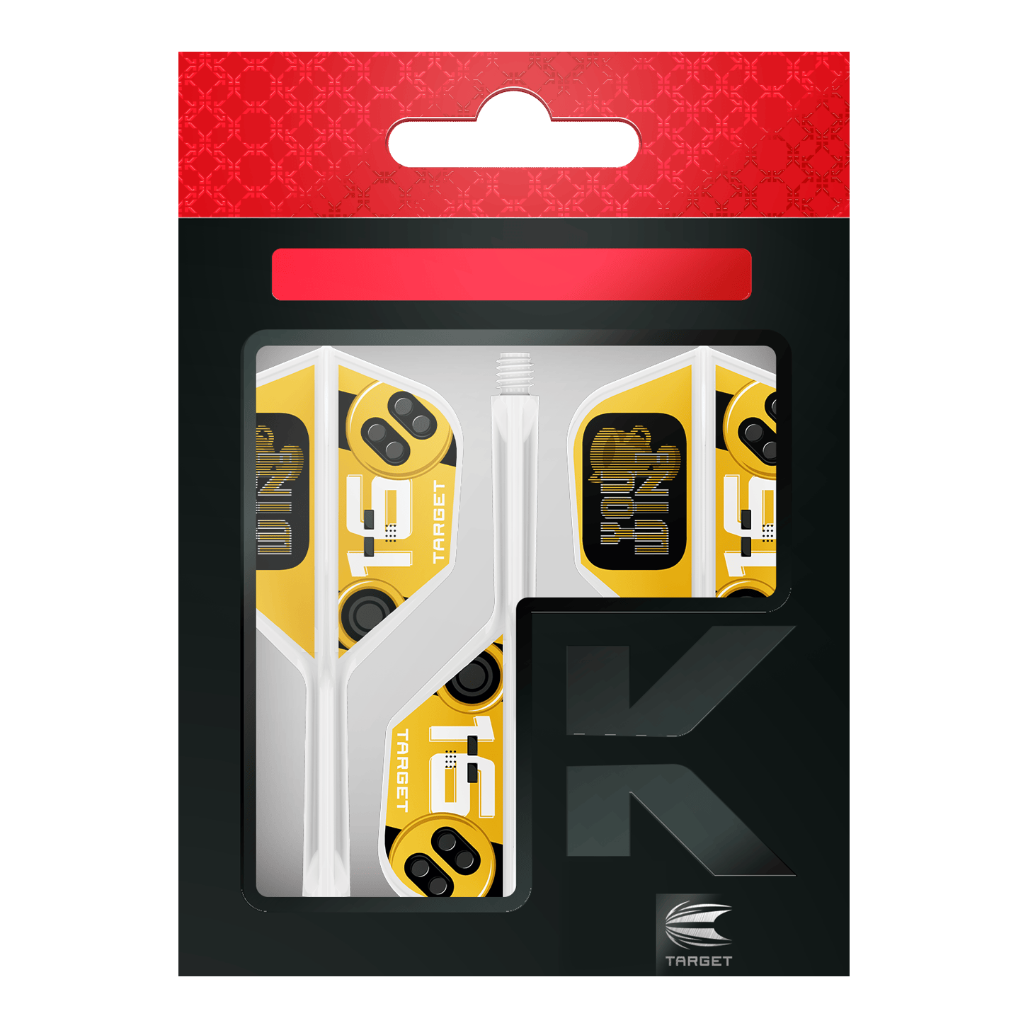 Zu sehen sind die Target K-Flex You Win No6 Flights. Sie eignen sich als Zubehör für Dartpfeile.