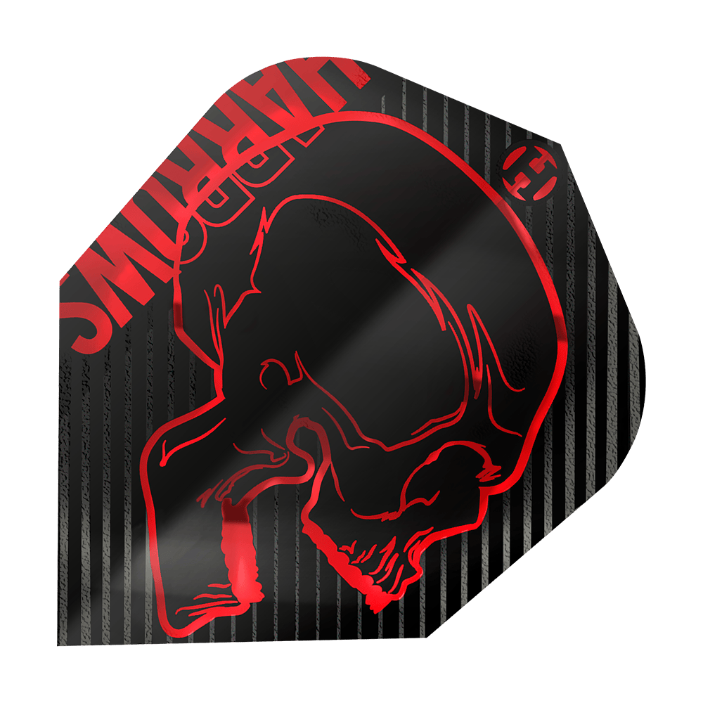 Letenky Harrows Rage Red No6 Das Bild zeigt ein Dartflight mit dem Namen "Harrows Rage Red No6 Flights". Das Flight ist schwarz mit roten Streifen und einem roten Totenkopf-Design.