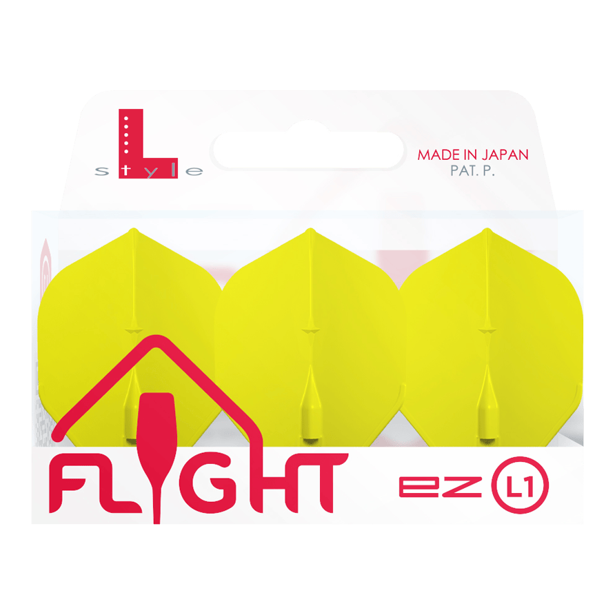 Standardní lety L-Style Champagne L1EZ Das Bild zeigt eine Packung mit drei gelben L-Style Champagne L1EZ Standard Flights. Die Verpackung ist weiß mit roter und grauer Schrift und wurde in Japan hergestellt.