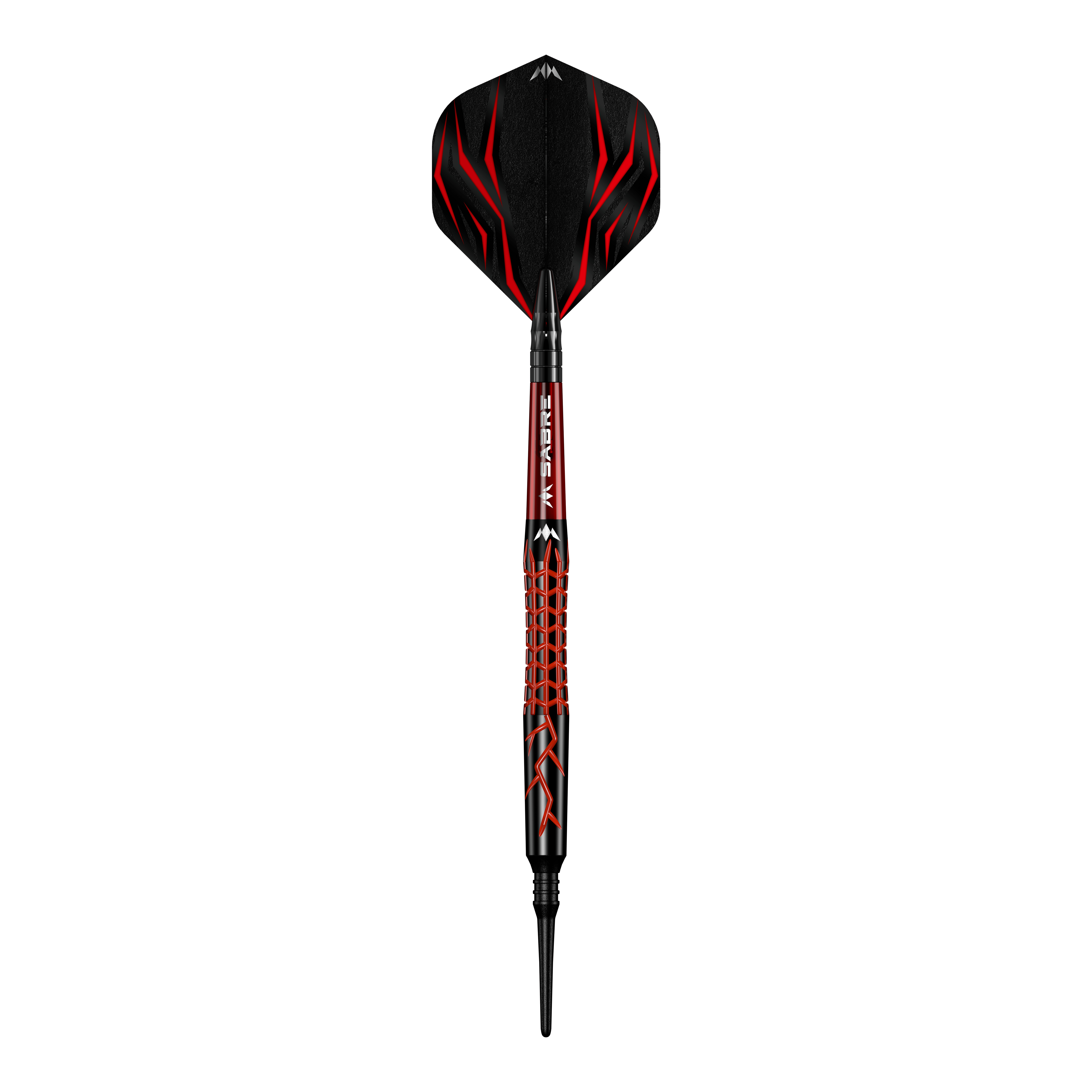 Šipky Mission Lava Softdarts - 20g Dies ist der Mission Lava Softdart mit einem Gewicht von 20 Gramm. Er hat ein auffälliges Design in Schwarz und Rot mit roten Flammenmustern.