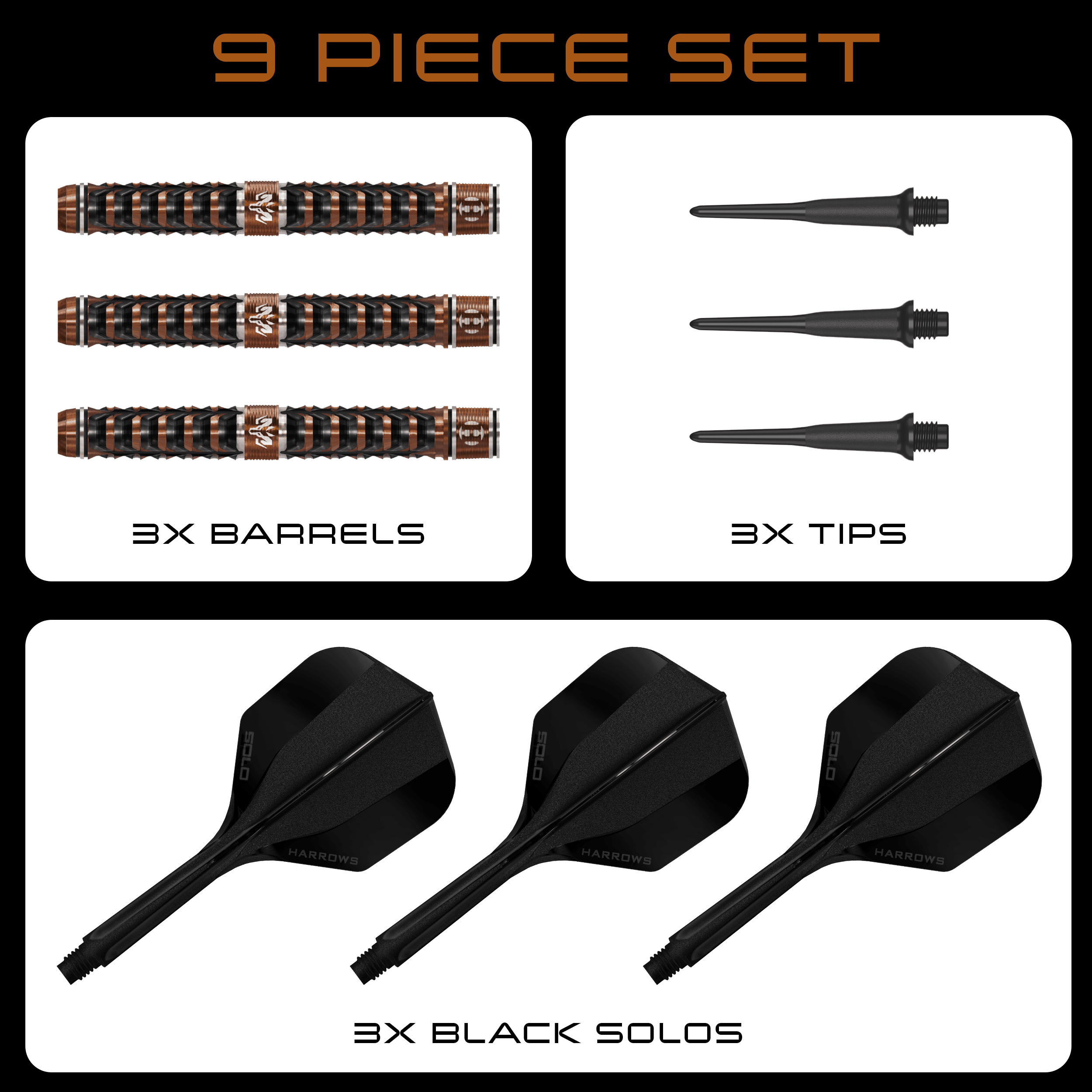 Měkké šipky Harrows Tungsten Trinity Abgebildet ist das Produkt Harrows Wolfram Trinity Softdarts. Die Darts sind deutlich in ihrer Struktur und Farbe erkennbar.