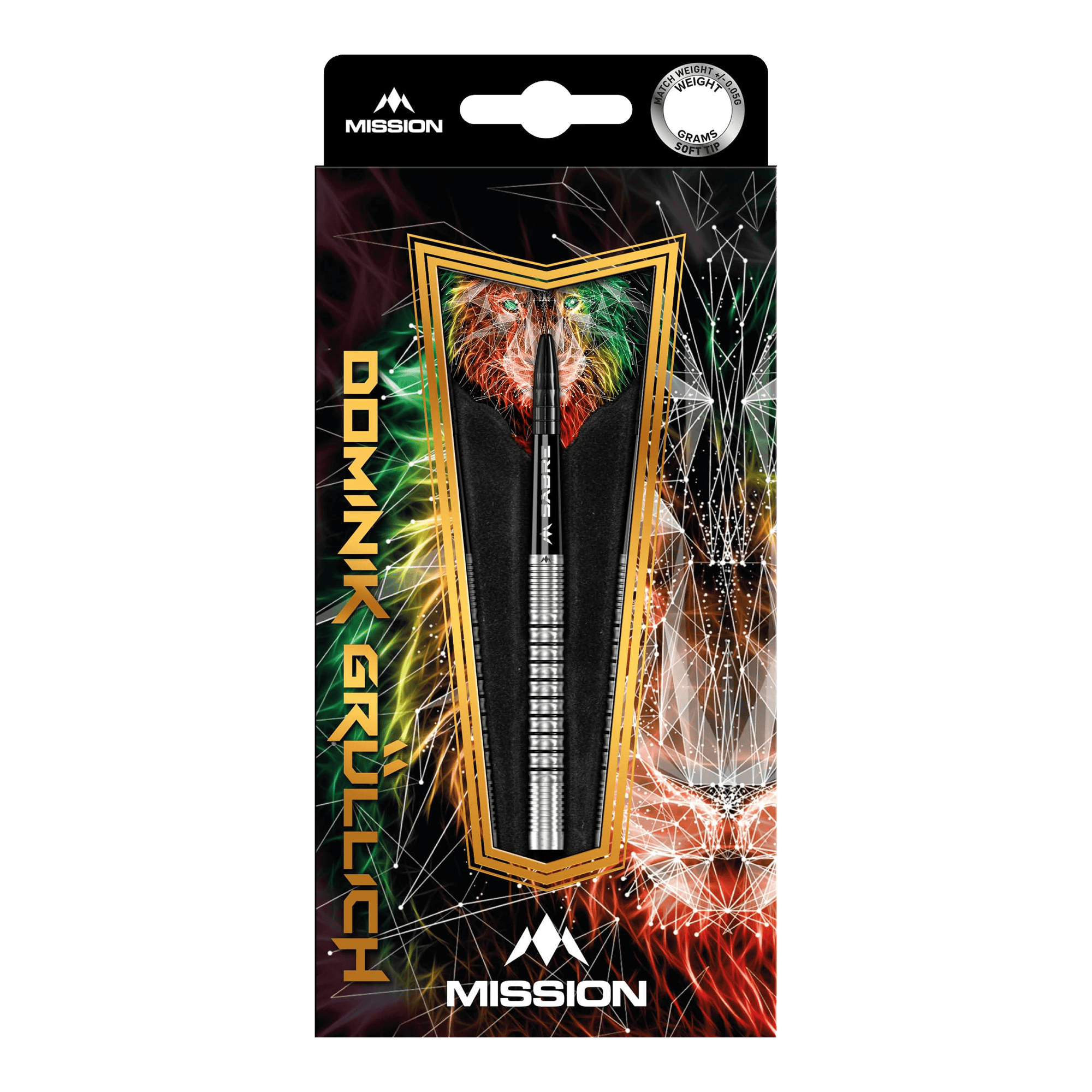 Mise Dominik Grüllich Steeldarts Die Abbildung zeigt die Verpackung der "Mission Dominik Grüllich Steeldarts - 23,5g". Die Verpackung ist bunt gestaltet und zeigt einen einzelnen Dartpfeil in der Mitte.