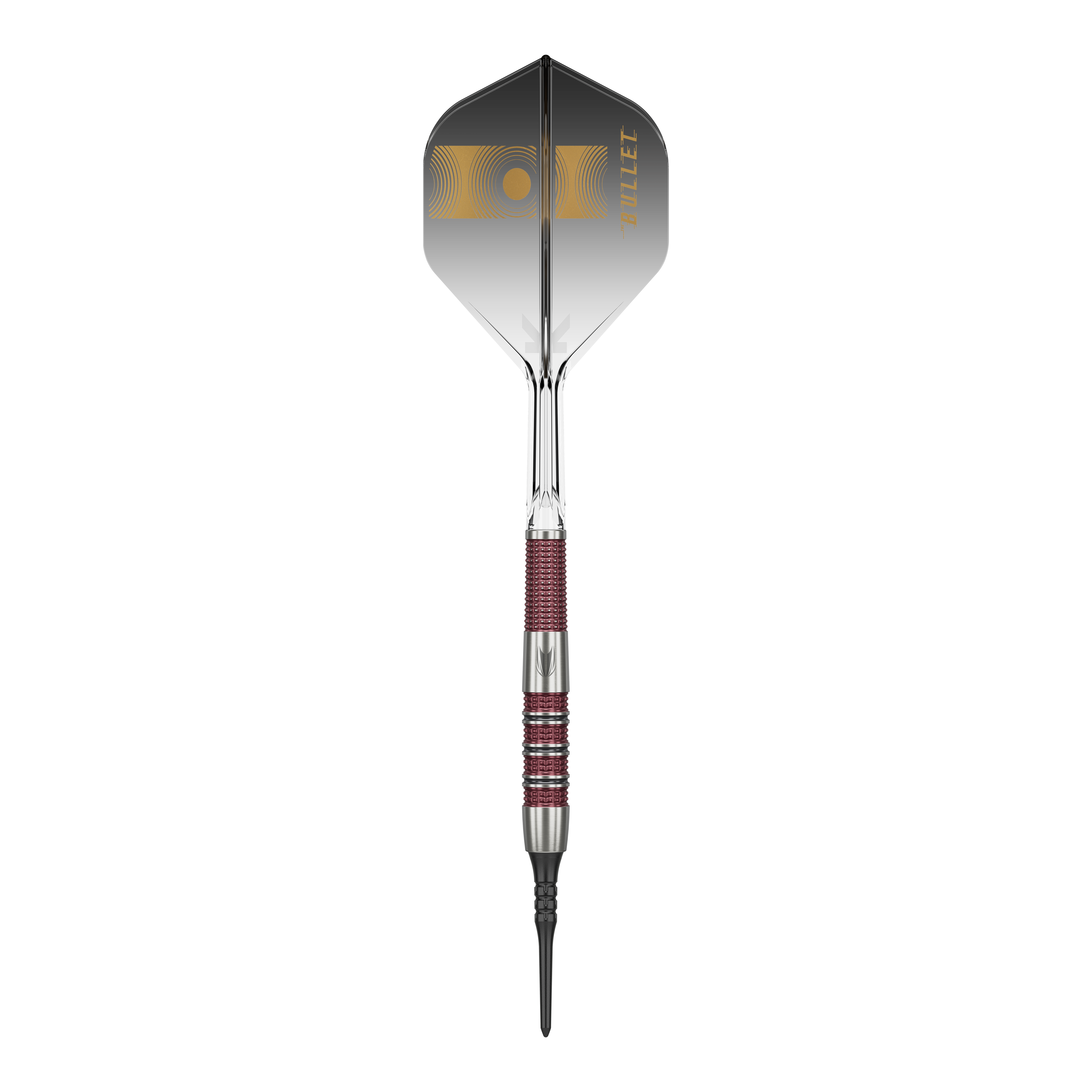 Měkké šipky Target Stephen Bunting 95K - 19g Das Bild zeigt einen Target Stephen Bunting 95K Softdart mit einem Gewicht von 19 Gramm. Der Dart hat ein elegantes schwarzes und silbernes Design mit roten Griffbereichen und einer schwarzen Flight mit goldenen Akzenten.