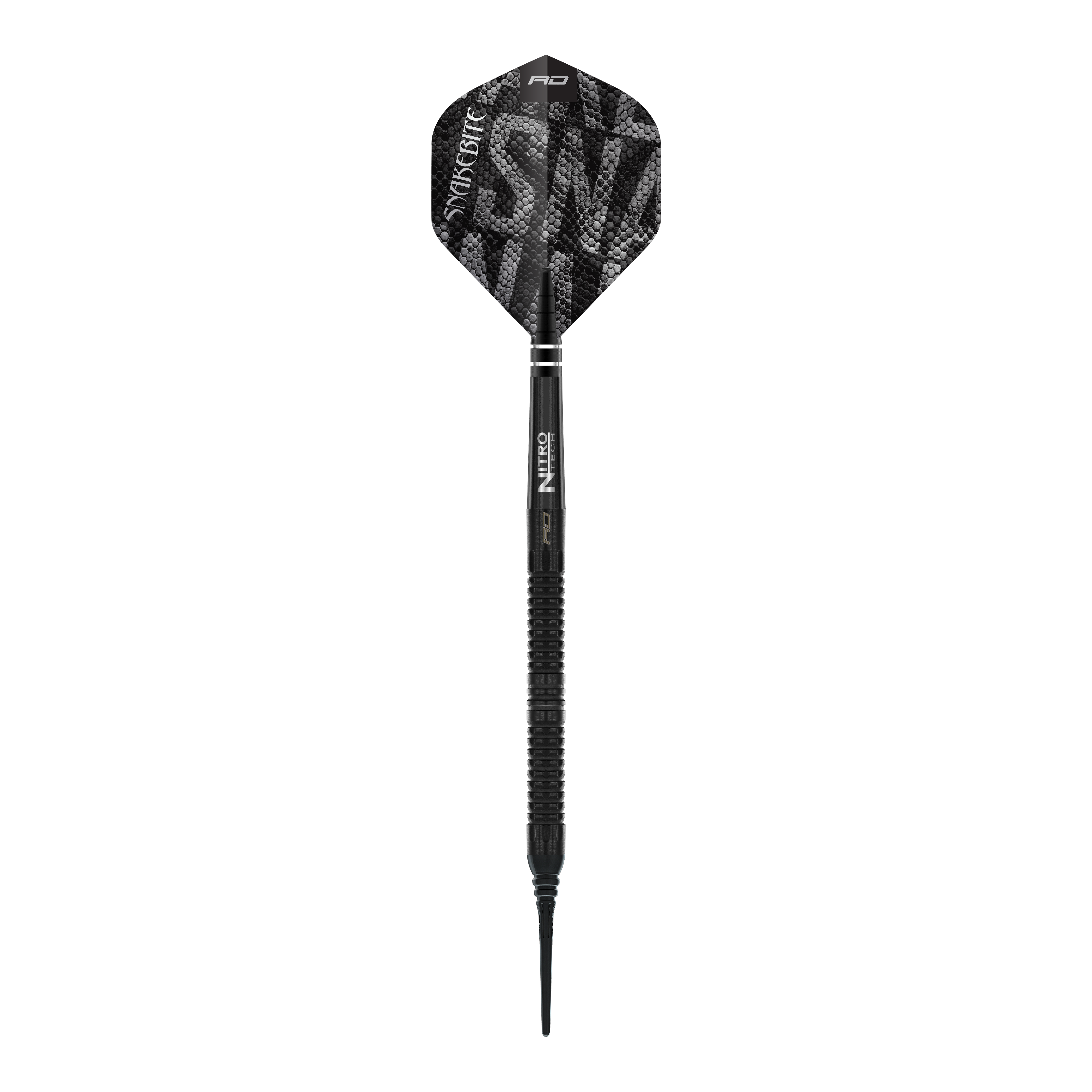 Red Dragon Peter Wright Snakebite Black Mamba Softdarts - 20g. Abgebildet ist ein Detail des Softdarts-Designs in Schwarz.