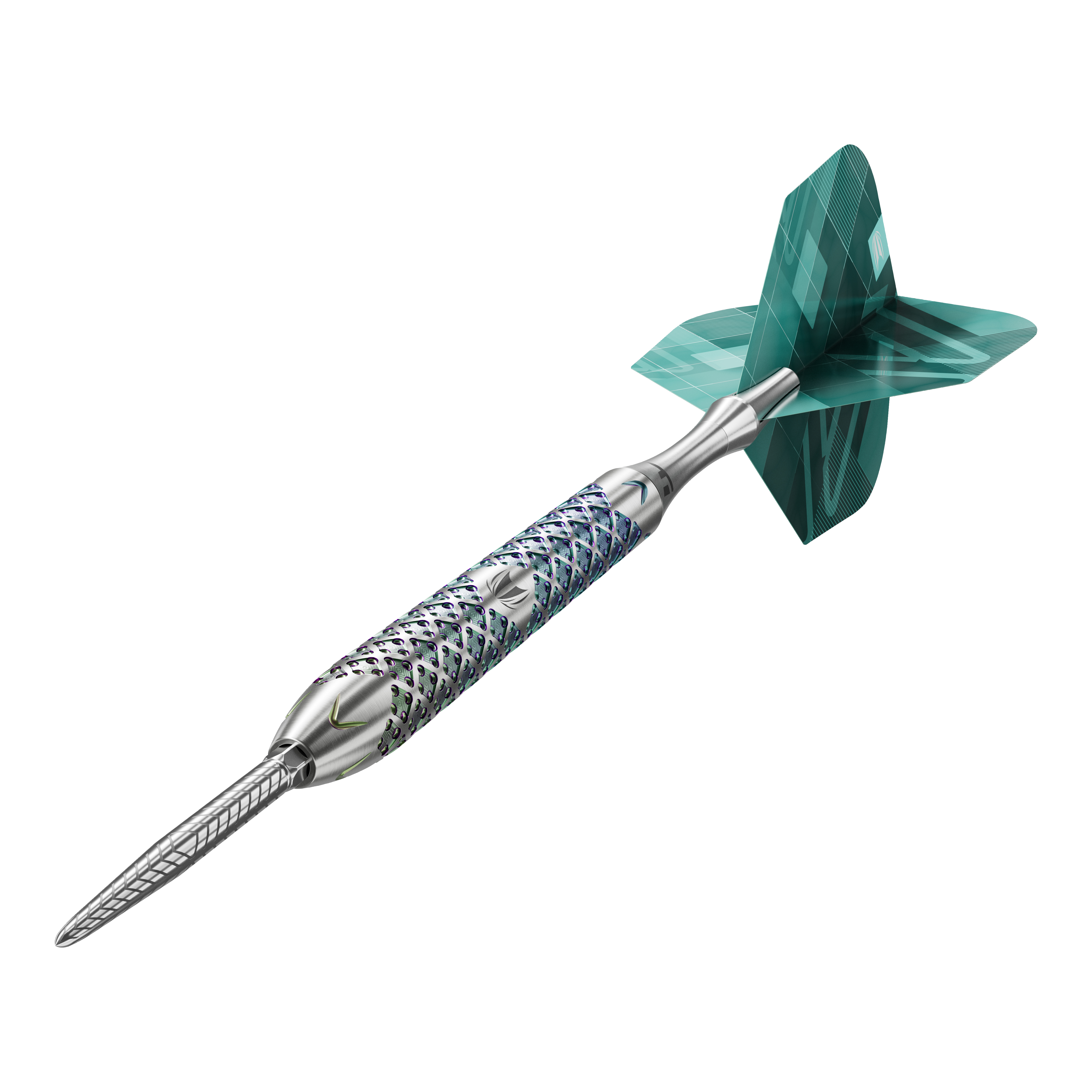 Ocelové šipky Target Rove 03 Swiss Point Das Bild zeigt den Target Rove 03 Swiss Point Steeldart. Der Dart hat einen silbernen, strukturierten Schaft und grüne Flights.