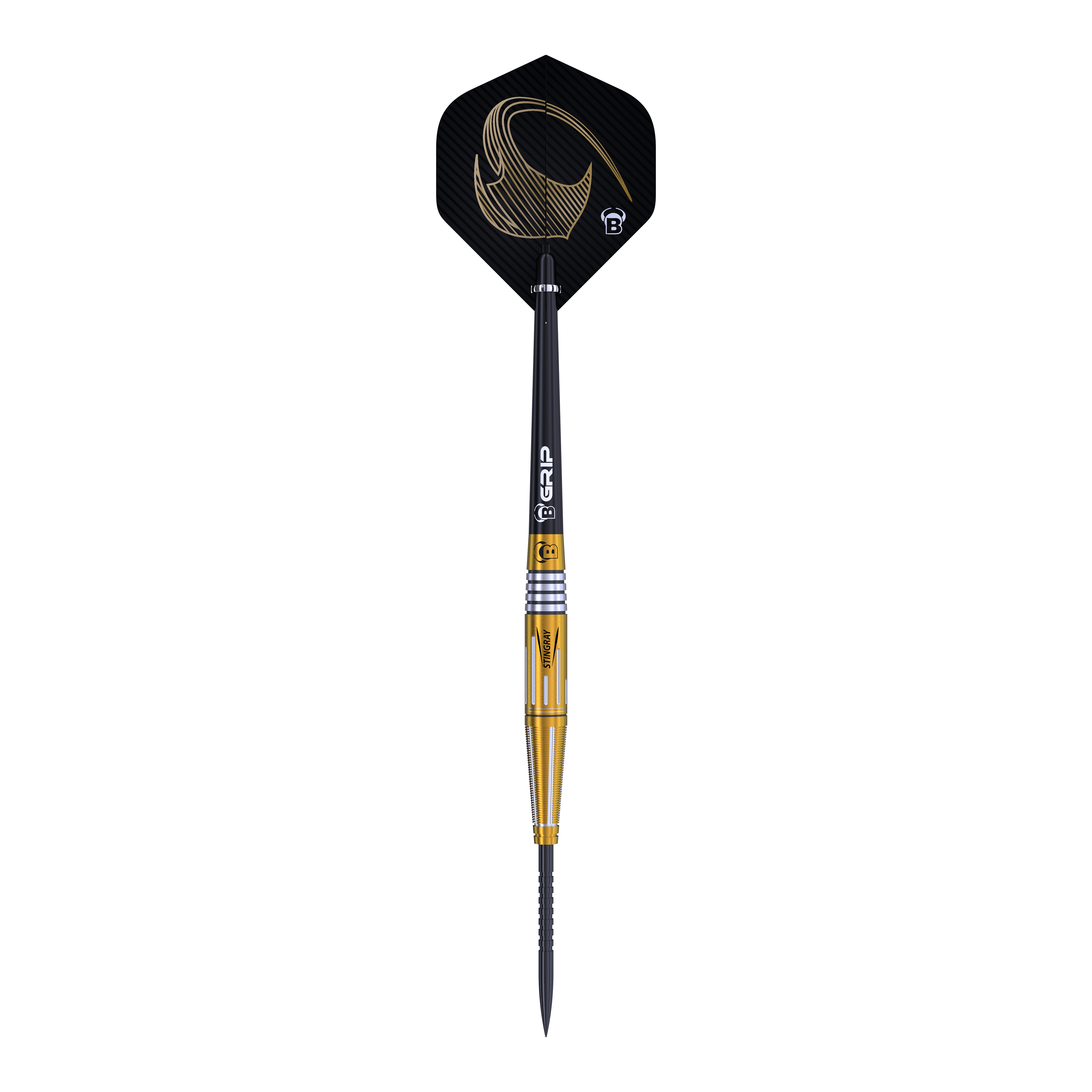 Das Bild zeigt den Bulls Stingray ST4 Steeldart mit einem eleganten Design in Schwarz und Gold. Der Dart hat eine schlanke Form und ist mit einem auffälligen Flight ausgestattet.