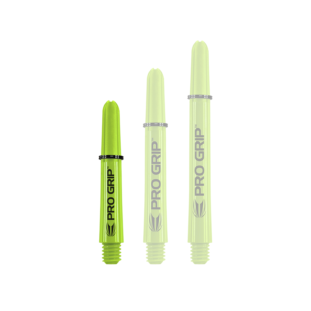 Target Pro Grip Shafts - 3 sady - Lime Green Das Bild zeigt drei limegrüne Pro Grip Shafts in unterschiedlicher Länge. Auf jedem Schaft steht gut sichtbar der Schriftzug "PRO GRIP".