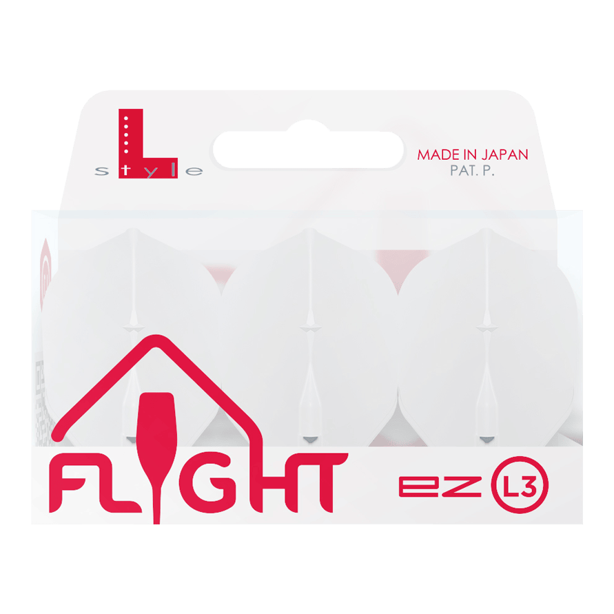 Lety L-L-Style3EZ Auf dem Bild ist eine Verpackung von L-Style Flights für Darts zu sehen. Die Verpackung ist weiß und enthält drei Flights des Typs EZ L3, hergestellt in Japan.