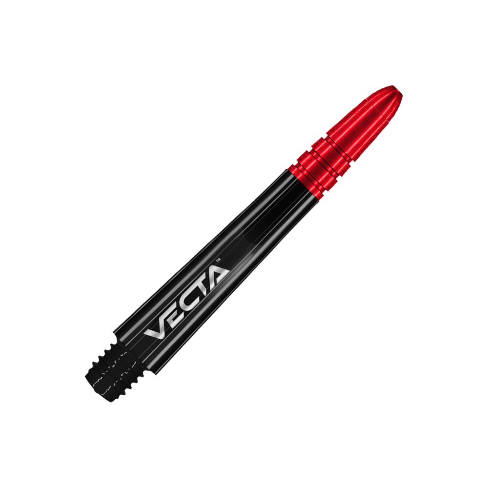 Das Bild zeigt einen Dart-Schaft in den Farben Schwarz und Rot. Auf dem Schaft steht das Wort „Vecta“.