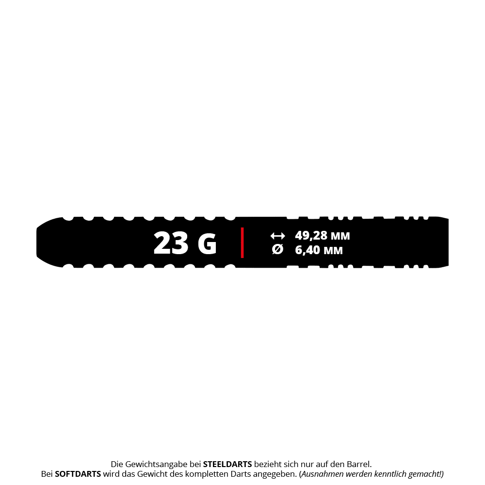 Gezeigt werden die Winmau Team 360 Ben Townley Steeldarts mit einem Gewicht von 23g. Das Produkt wird deutlich abgebildet.