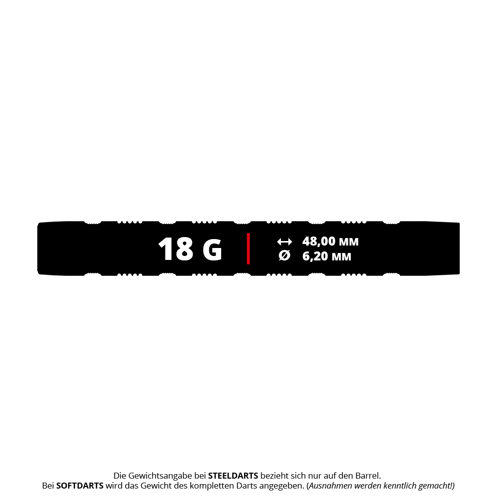 Šipky Target Rob Cross 95K Swiss Point Soft - 18g Das Bild zeigt die technischen Daten der Target Rob Cross 95K Swiss Point Softdarts mit 18 Gramm Gesamtgewicht. Die Darts sind 48,00 mm lang und haben einen Durchmesser von 6,20 mm.