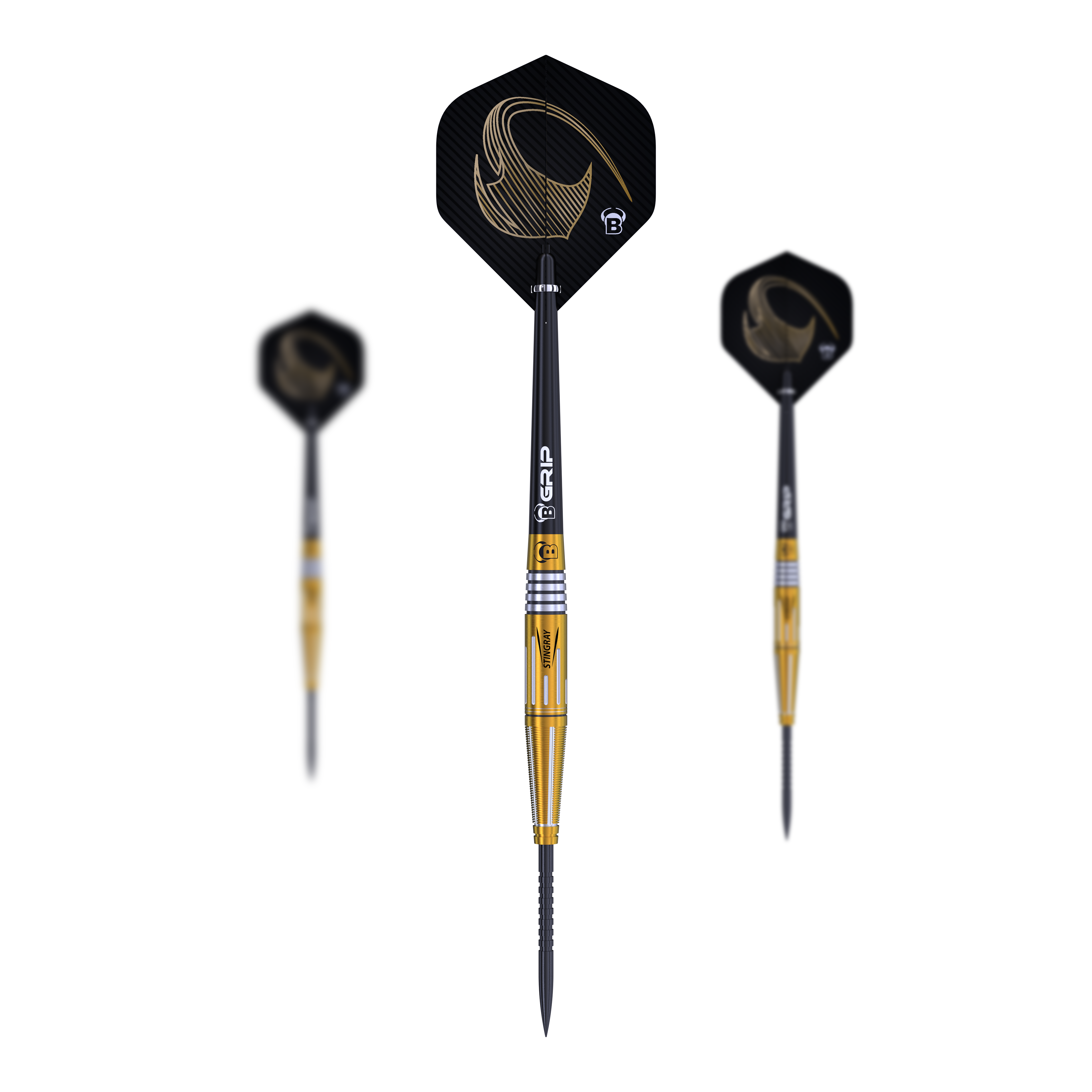 Bulls Stingray ST4 Steeldarts Das Bild zeigt drei Steeldarts des Modells "Bulls Stingray ST4". Die Darts haben goldene und schwarze Akzente sowie Flights mit einem goldenen Muster.