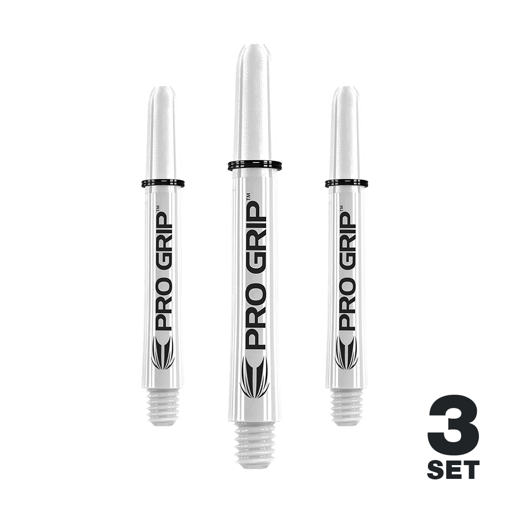 Target Pro Grip Shafts – 3 sady – White Das Bild zeigt drei weiße "Pro Grip" Shafts für Dartpfeile. In der unteren rechten Ecke steht "3 SET".
