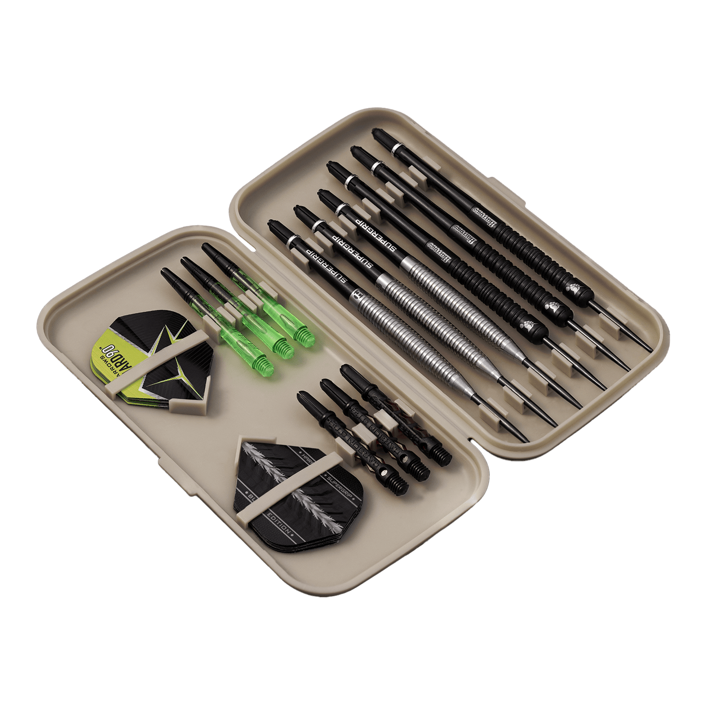 Pouzdro na šipky Harrows Slimcase Die Abbildung zeigt ein geöffnetes Etui mit mehreren Darts, Ersatzflights und Shafts. Die Darts und Zubehörteile sind ordentlich in dem hellgrauen Slimcase sortiert.