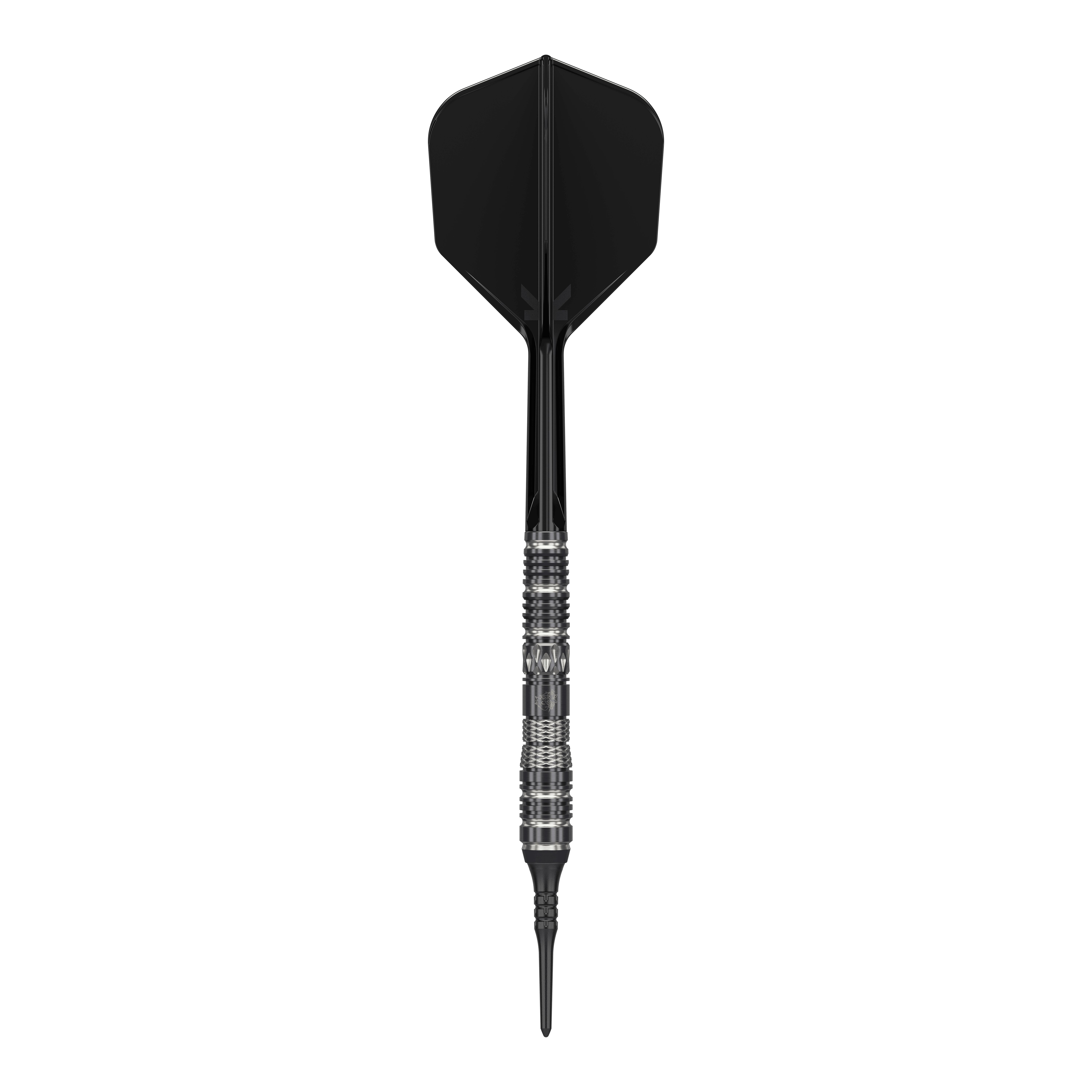 Das Bild zeigt einen schwarzen Softdartpfeil mit auffälligem silbernen Griff. Es handelt sich um das Produkt „Target Japan Black Marque Dragon 3 Softdarts - 18g“.