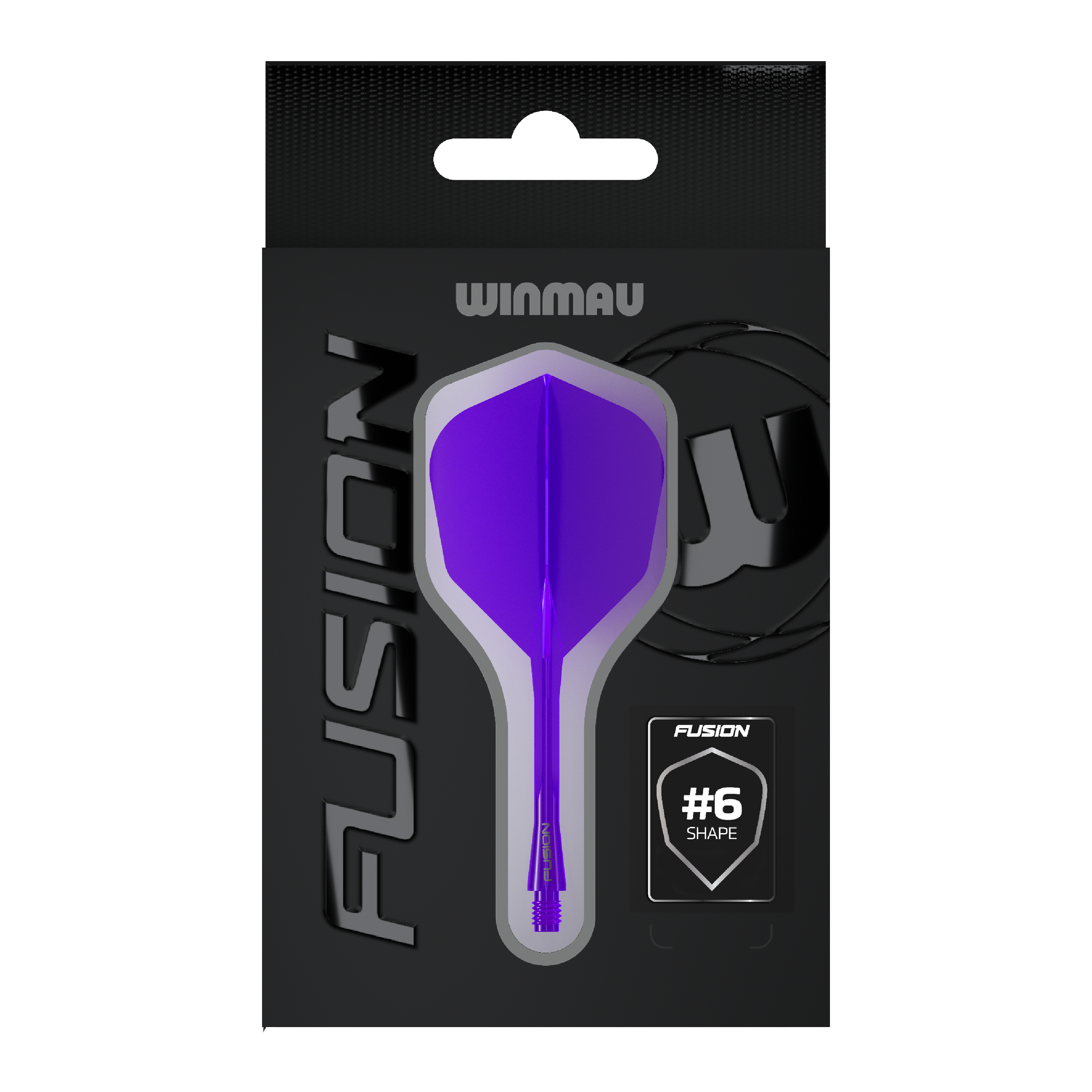 Zu sehen ist das Winmau Fusion Flight-Shaft-System No6 in Lila. Das Produkt wird für Dartspiele verwendet.