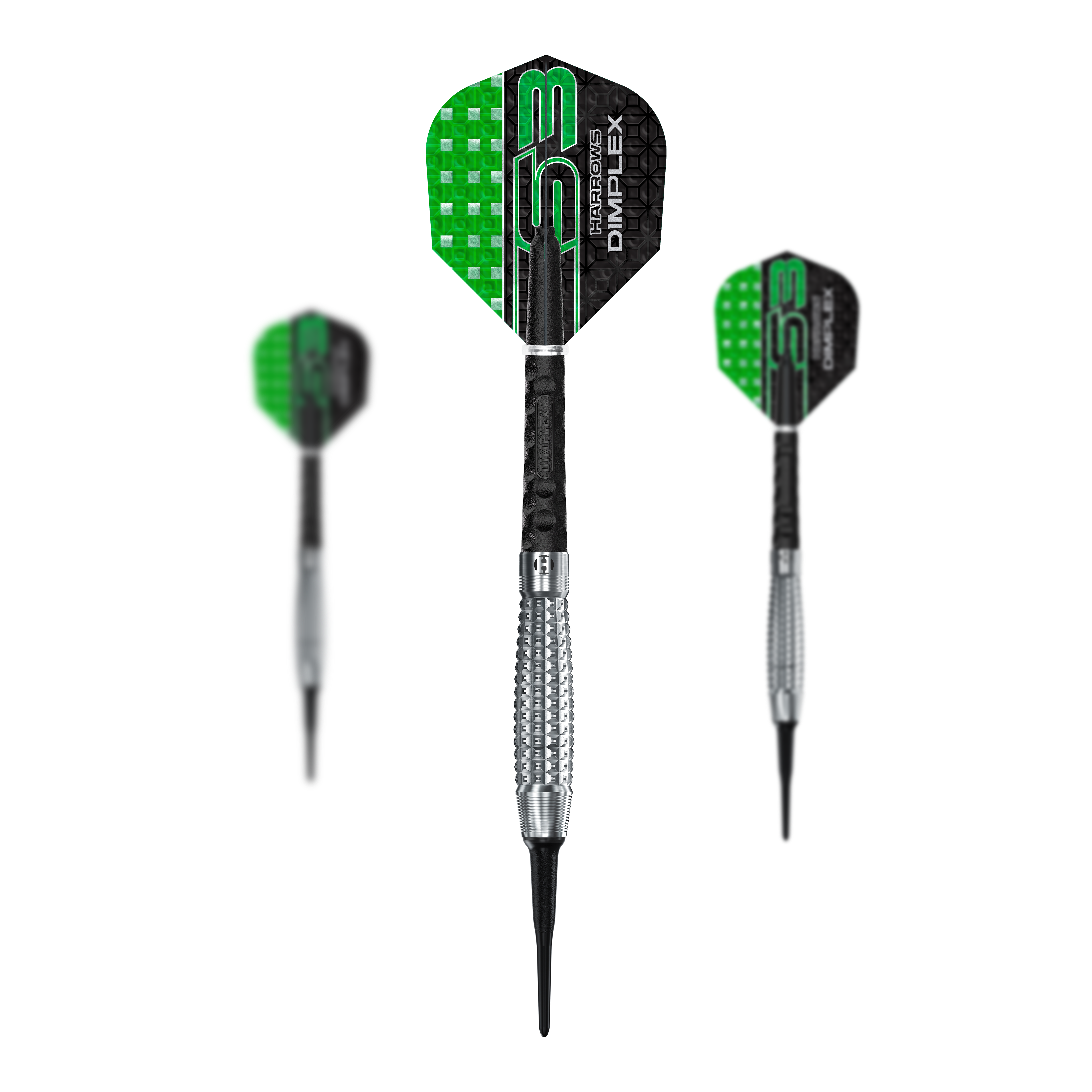 Měkké šipky Harrows Dimplex S3 Bomb Das Bild zeigt drei Harrows Dimplex S3 Bomb Softdarts mit grün-schwarzen Flights. Die Dartpfeile haben silberne Griffbereiche und schwarze Spitzen.