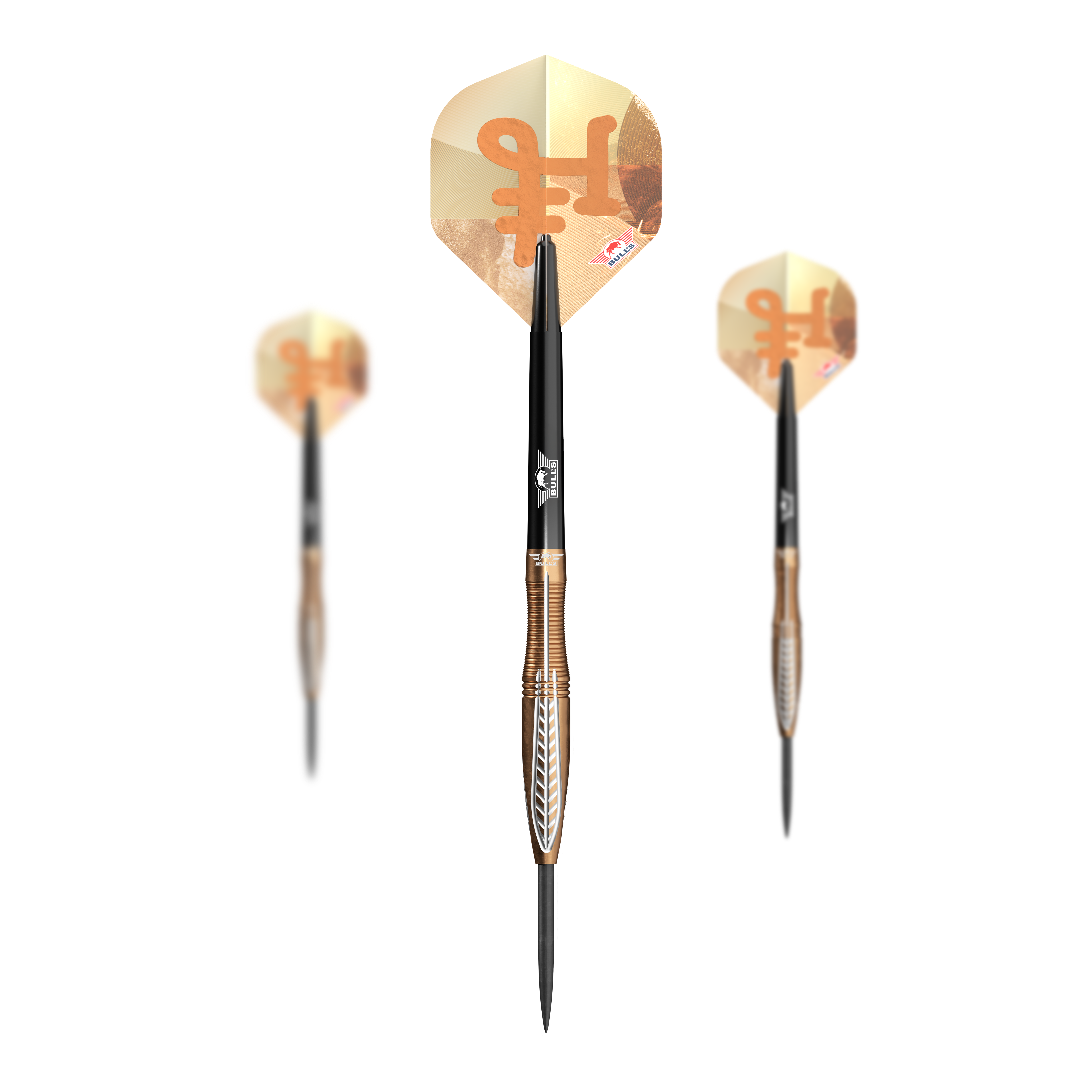Das Foto zeigt Bulls NL Bronzo Flux Steeldarts - 23g als Set. Die Darts werden komplett dargestellt.