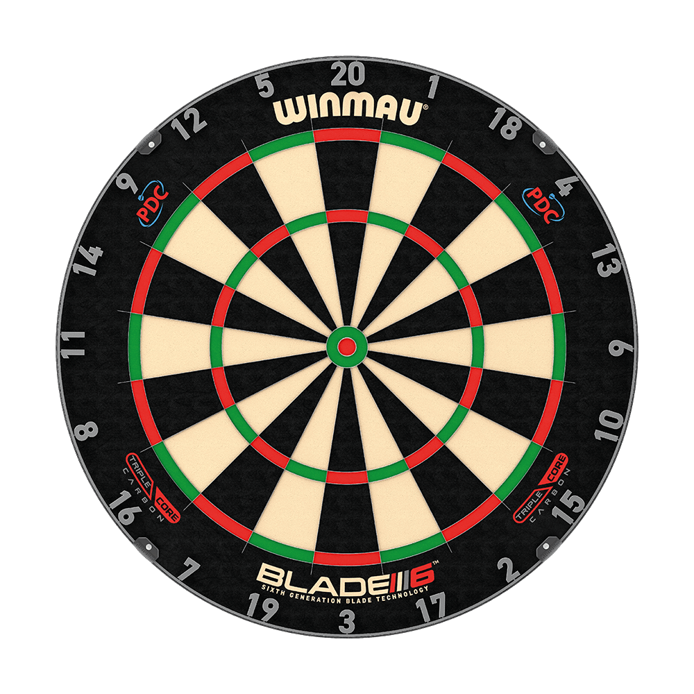3032_Winmau_Blade_6_TripleCore_Steeldartboard_1_PDC Winmau Blade 6 Triplecore Steeldartboard ist im Bild sichtbar. Die Oberfläche weist viele Segmente auf.