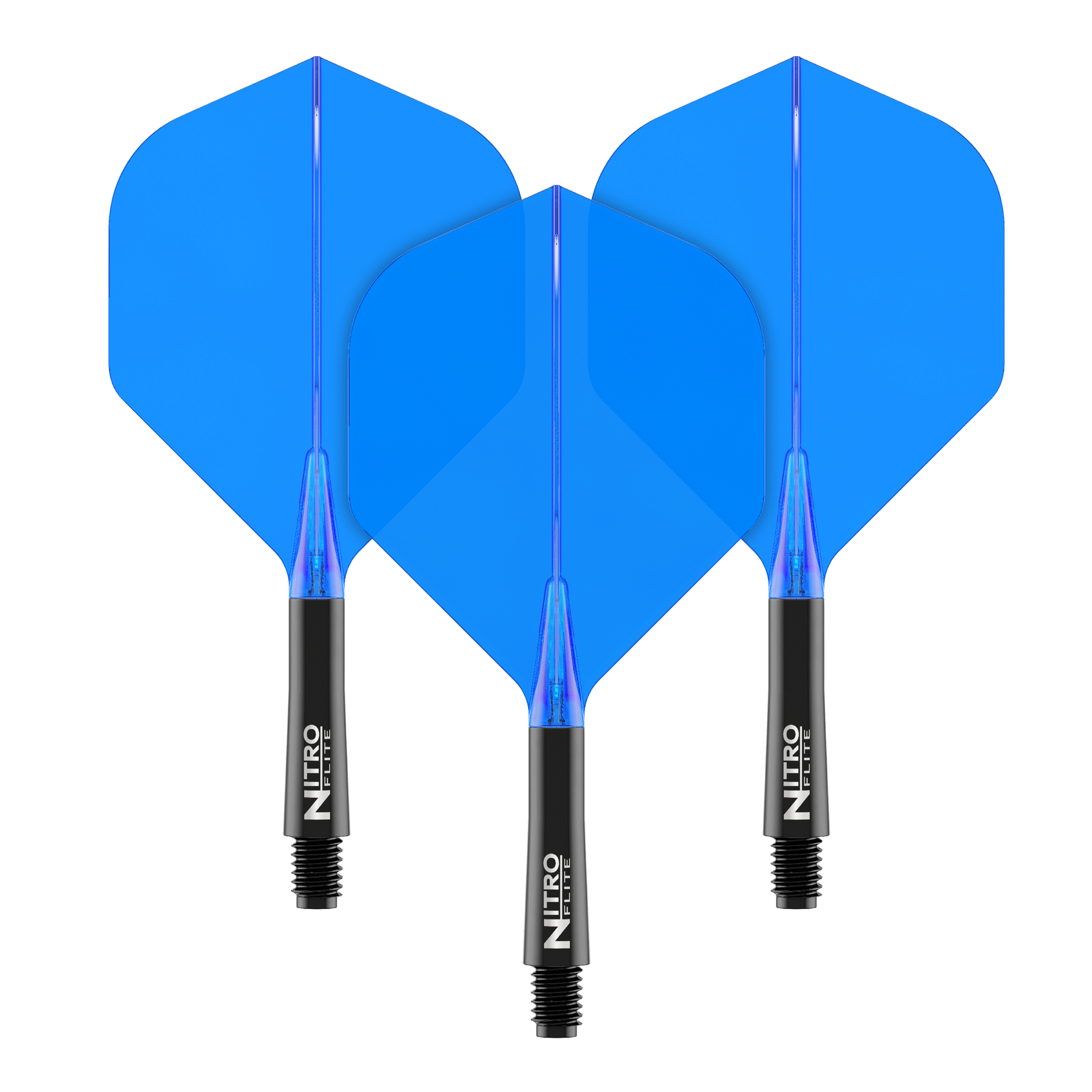 Red Dragon Nitroflite - Black Shaft Blue No. 2 Flights Das Bild zeigt drei blaue Dart-Flights mit schwarzen Schäften. Auf den Schäften steht der Schriftzug "Nitro Flite".