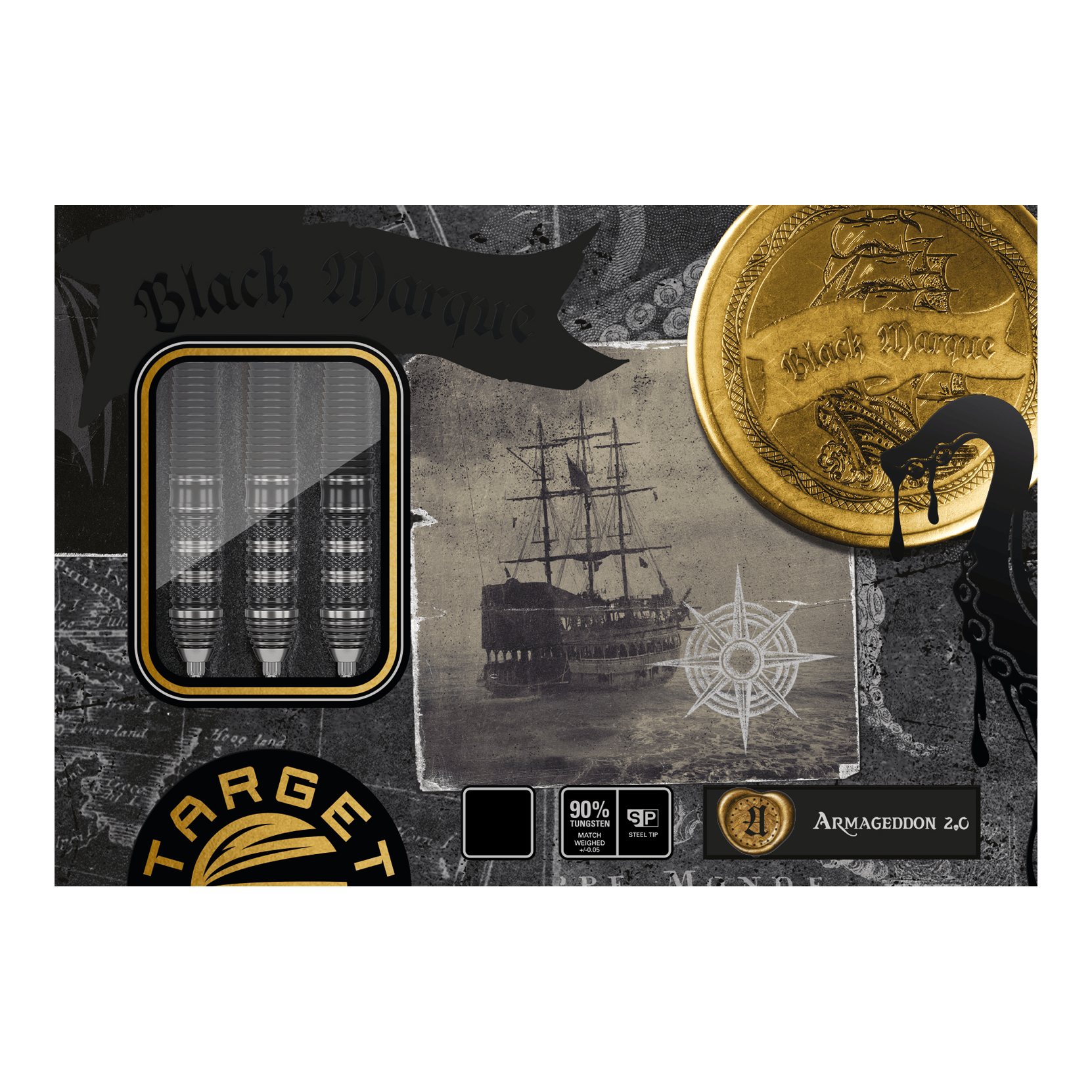 Šipky Target Japan Black Marque Armageddon GEN2 Swiss Point Steeldarts Das Bild zeigt die Verpackung der "Target Japan Black Marque Armageddon GEN2 Swiss Point Steeldarts". Auf der Verpackung sind drei Darts, ein altes Segelschiff und goldene Münzen abgebildet.