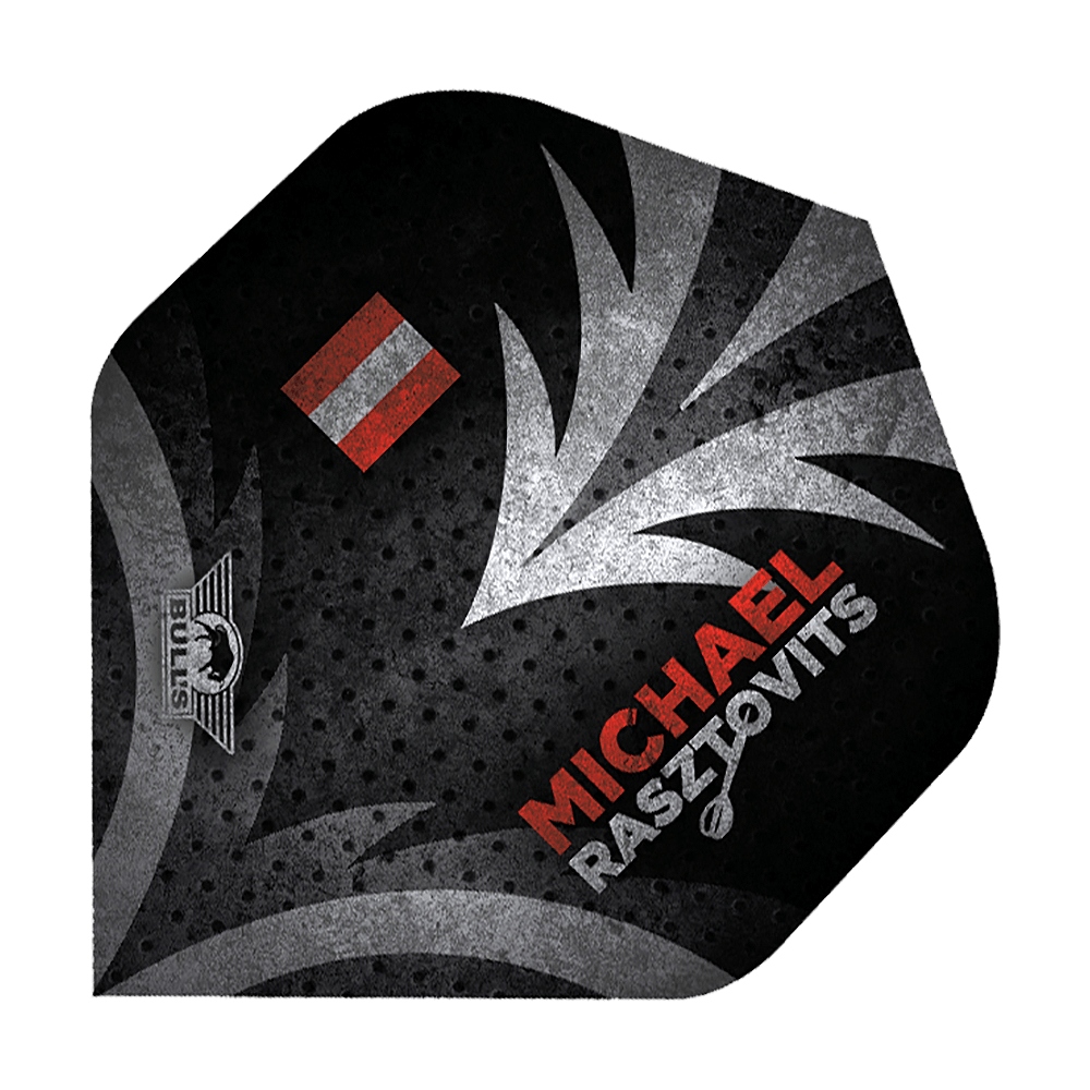 BU50860_Bulls_Powerflite_Rasto_Erode_No6_Flights_1 Das Bild zeigt ein Dart-Flight der Marke Bulls mit dem Namen "Powerflite Rasto Erode No6 Flights". Auf dem Flight stehen der Name "Michael Rasztovits", das Bulls-Logo und ein rot-weißes Symbol.