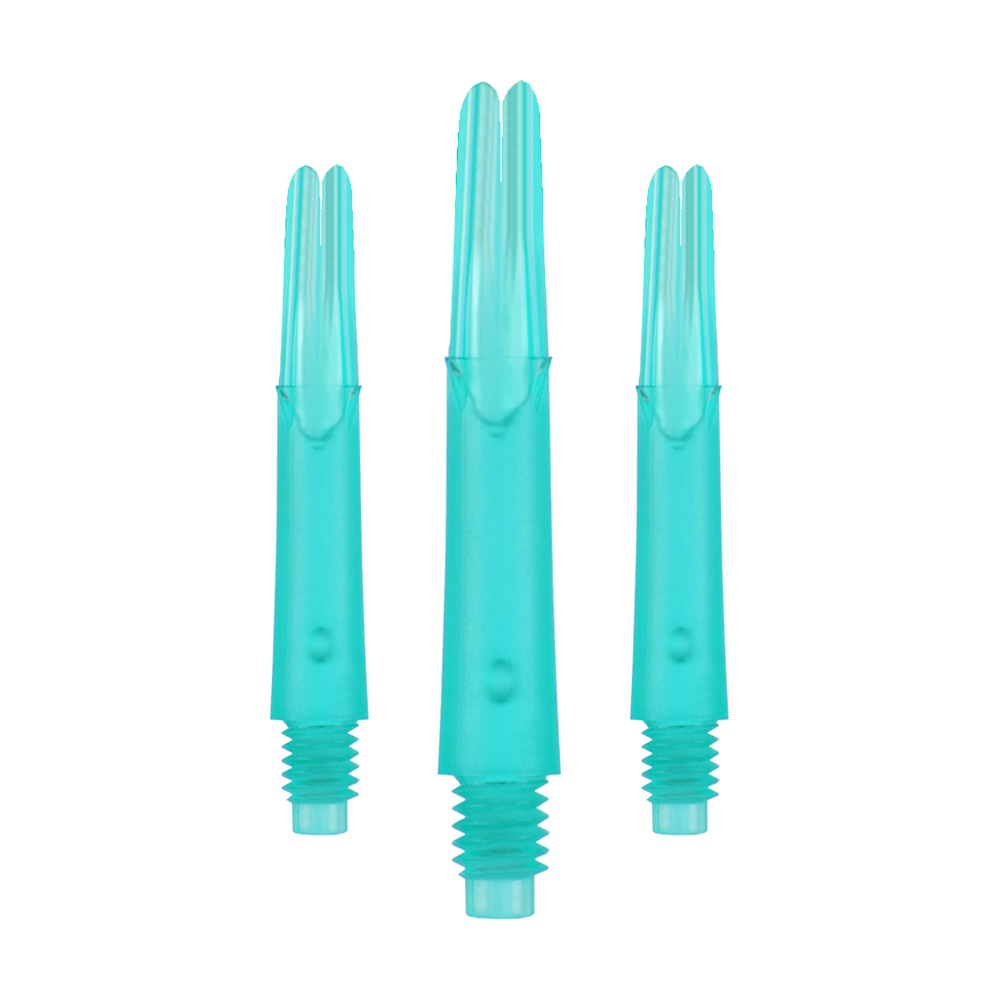 L-L-Style-Shafts Uzamčené rovné - Emerald Das Bild zeigt drei türkisfarbene Dartshafts aus Kunststoff in einer Reihe. Sie haben ein gerades Design und sind unten mit einem Gewinde versehen.