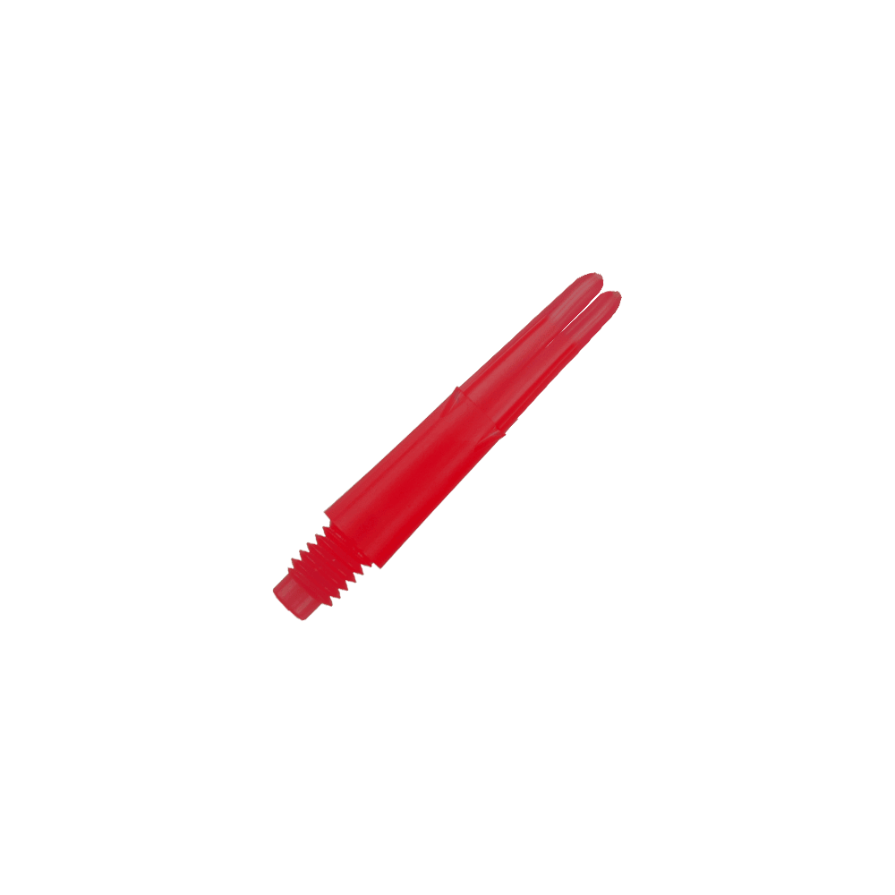 L-tvarované L-hřídele, zajištěné rovné - červené Dies ist ein roter, gerader Dart-Schaft aus Kunststoff. Er hat ein Schraubgewinde an einem Ende und ist 26 mm lang.