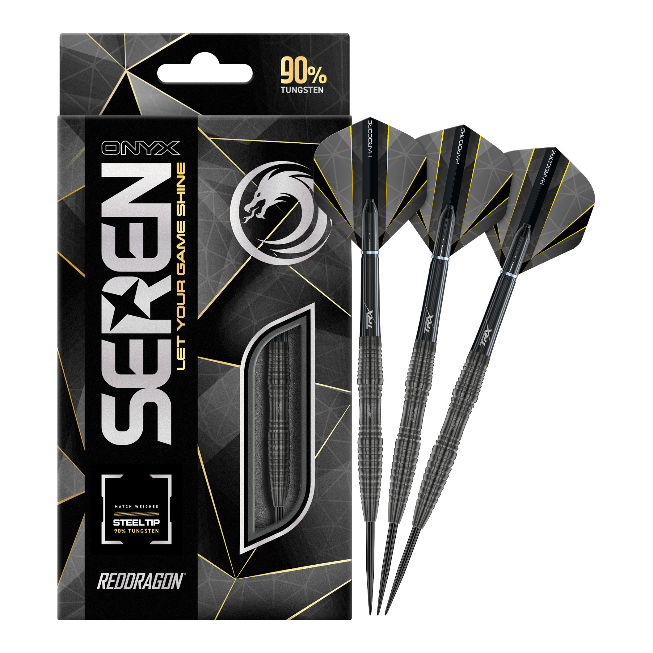 Ocelové šipky Red Dragon Seren 3 Onyx Das Bild zeigt die Red Dragon Seren 3 Onyx Steeldarts mit einer schwarzen Verpackung. Drei schwarze Steeldarts mit modernen Flights sind neben der Verpackung abgebildet.