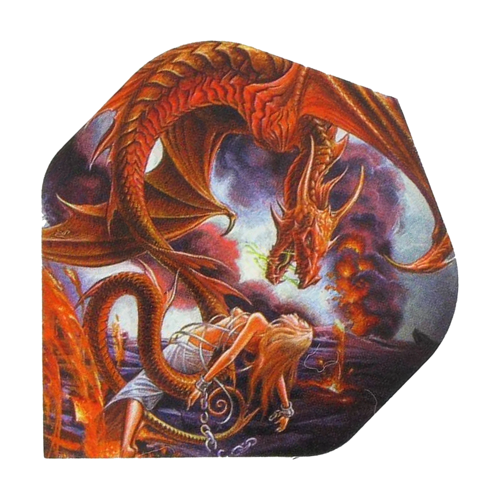 Alchemy Forge Of Vesuv No2 Standard Flights Auf dem Bild ist ein roter Drache zu sehen, der Feuer speit. Vor ihm kniet eine gefesselte Frau, während im Hintergrund Lava und Rauch aufsteigen.