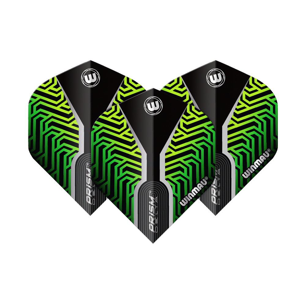 Das Bild zeigt drei Dart-Flights des Modells "Winmau Prism Delta Kairos No2 Standard" in Grün. Die Flights haben ein auffälliges Muster in Grün und Schwarz mit weißen Akzenten und dem Winmau-Logo.
