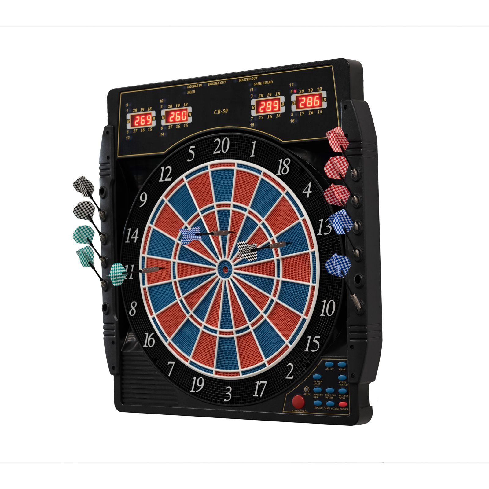 Die Abbildung zeigt die elektronische Dartscheibe Karella CB 50 Turnierausführung. Sie verfügt über digitale Anzeigen und bunte Softdarts, die an den Seiten befestigt sind.