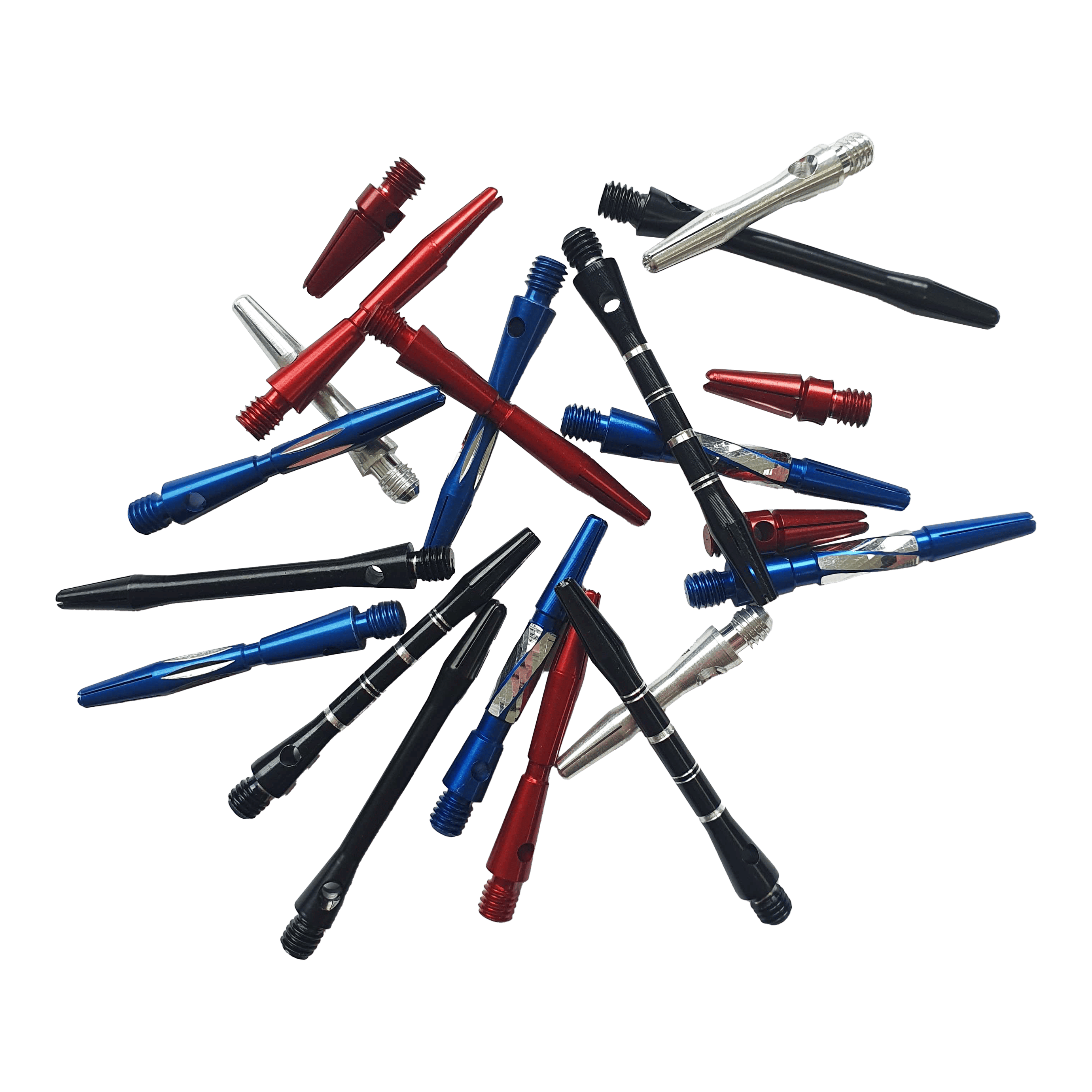 Sada překvapení Alu-Shaft - 7 sad Das Bild zeigt eine Auswahl an bunten Aluminiumschäften für Dartpfeile. Die Schäfte sind in verschiedenen Farben wie Rot, Blau, Schwarz und Silber enthalten.