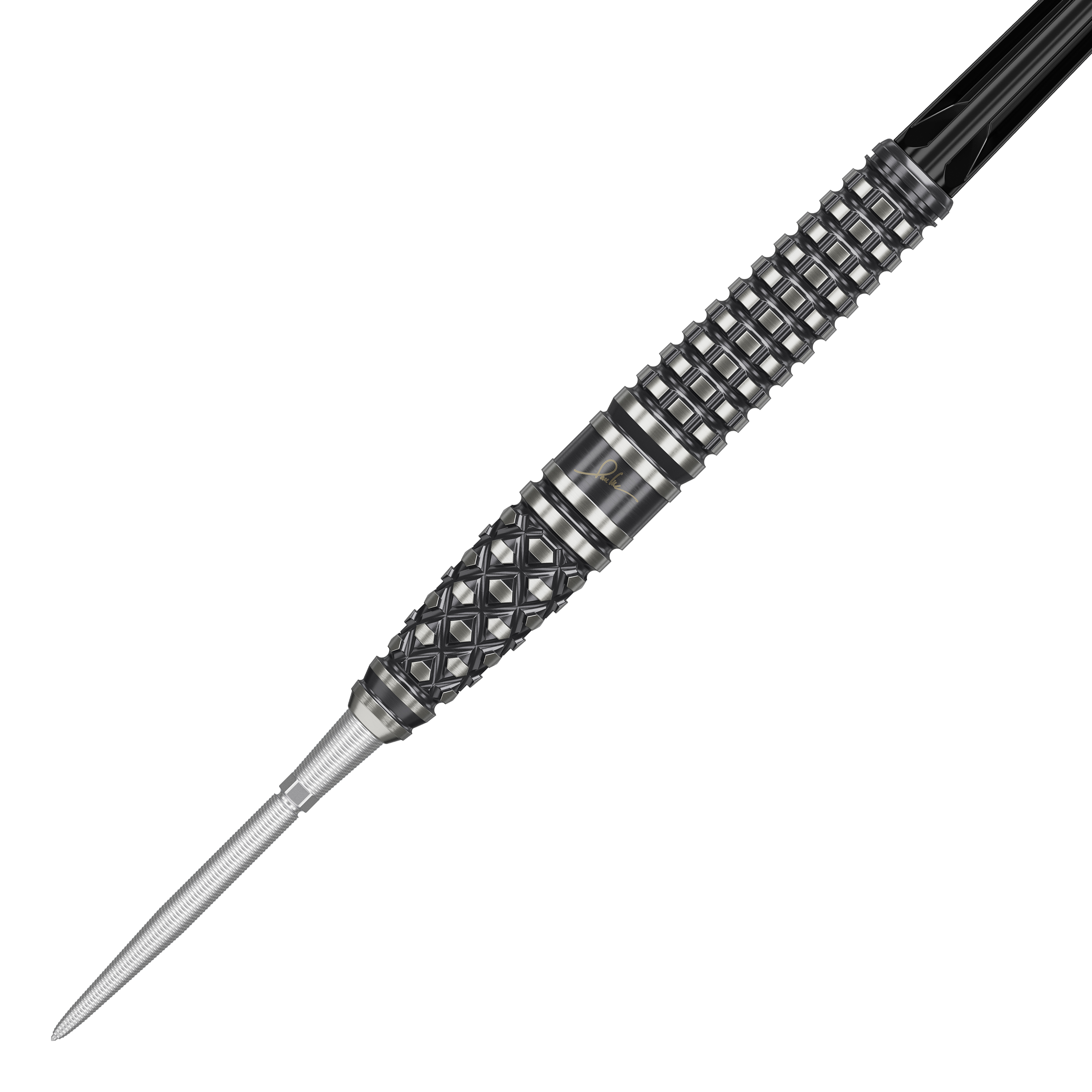 Šipky Target Japan Paul Lim The Legend GEN8 Swiss Point Steeldarts - 24g Das Bild zeigt einen Target Japan Paul Lim The Legend GEN8 Swiss Point Steeldart mit 24g Gewicht. Der Dart hat ein detailreiches, strukturiertes Griffdesign in Schwarz und Silber.