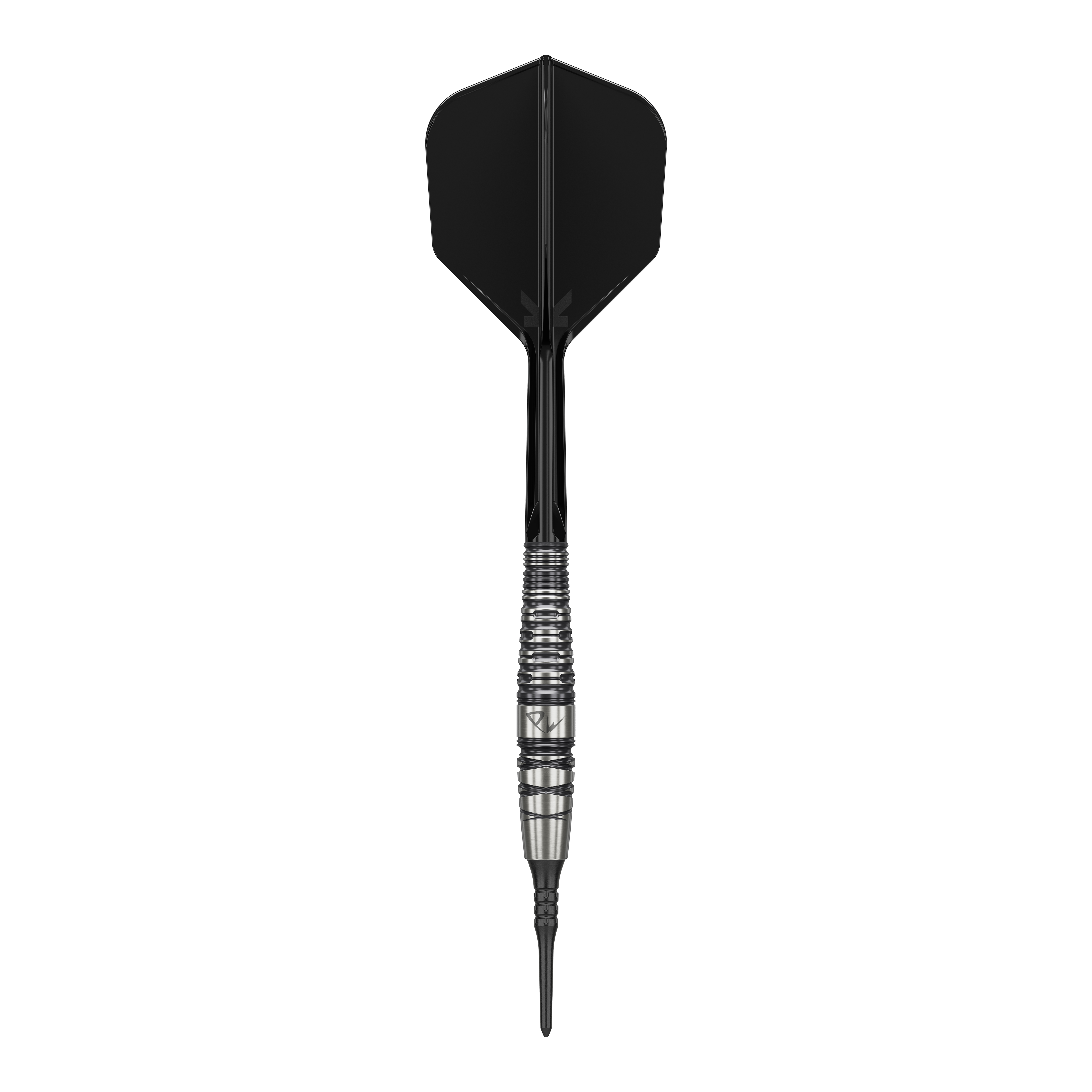 Das Bild zeigt einen Softdart mit schwarzer Flight und silbernem Griff. Es handelt sich um das Modell "Target Japan Black Marque PW 2 Softdarts - 18g".
