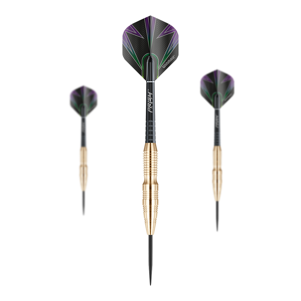 Winmau Simon Whitlock Mosazné Steeldarts Winmau Simon Whitlock Brass Steeldarts nebeneinander angeordnet. Die Oberfläche der Darts ist matt und detailreich.