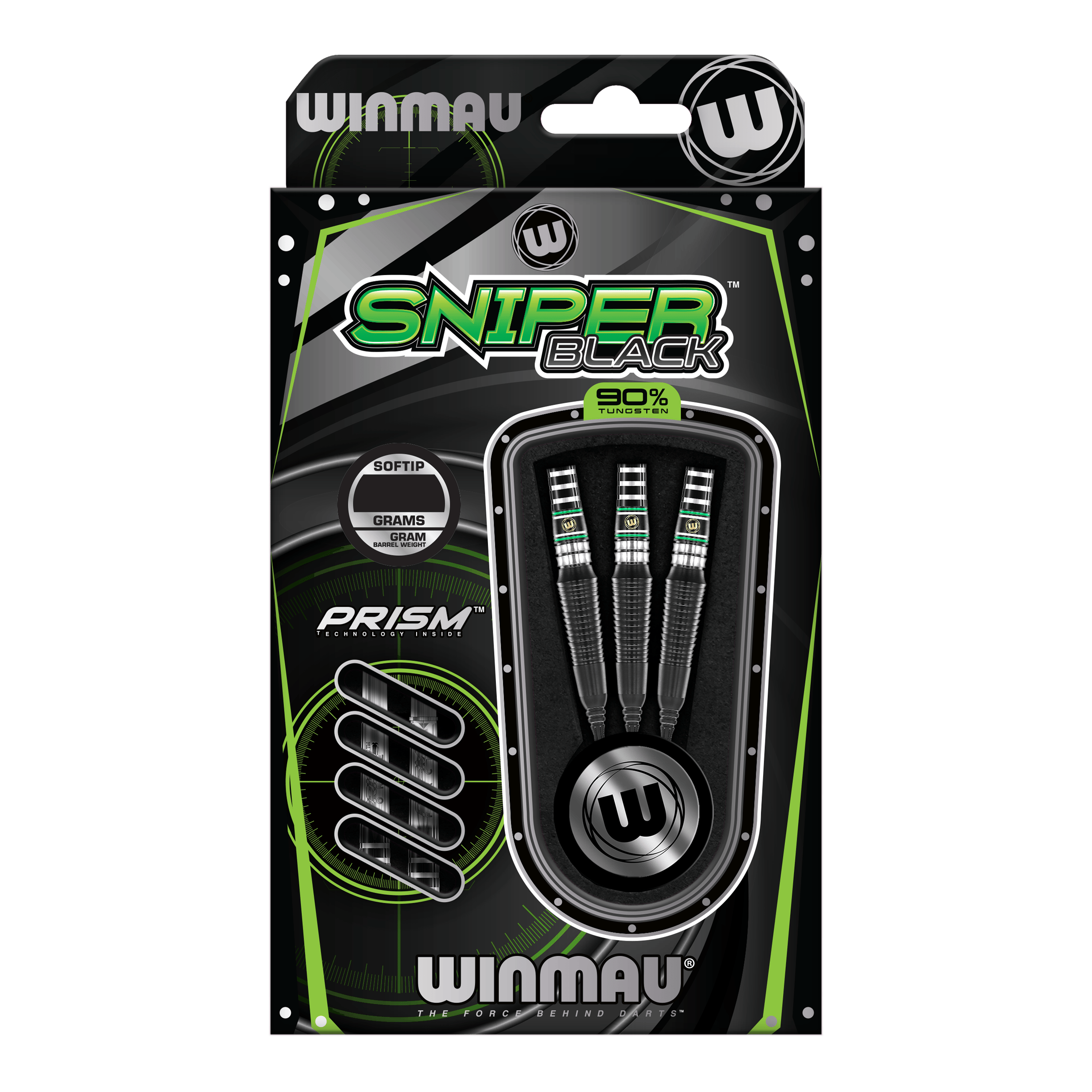 Měkké šipky Winmau Sniper Black 2025 - 20g Die Abbildung zeigt die Winmau Sniper Black 2025 Softdarts mit einem Gewicht von 20 Gramm. Die Verpackung ist in Schwarz und Grün gehalten und enthält drei Softdarts mit 90% Tungsten.