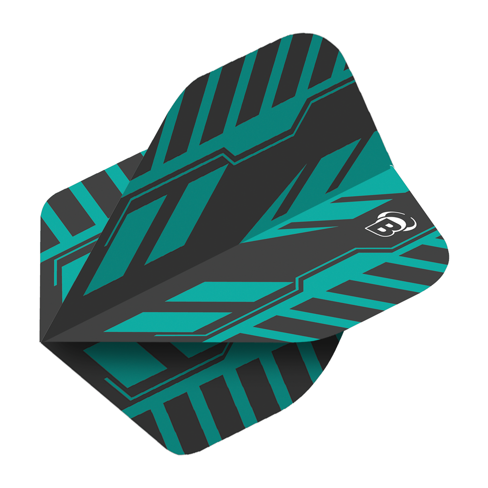 Standardní lety Bulls B-Star Veco No2 Das Bild zeigt das Produkt "Bulls B-Star Veco No2 Standard Flights". Es hat ein modernes, grafisches Design in Schwarz und Türkis mit einem weißen "B"-Logo.