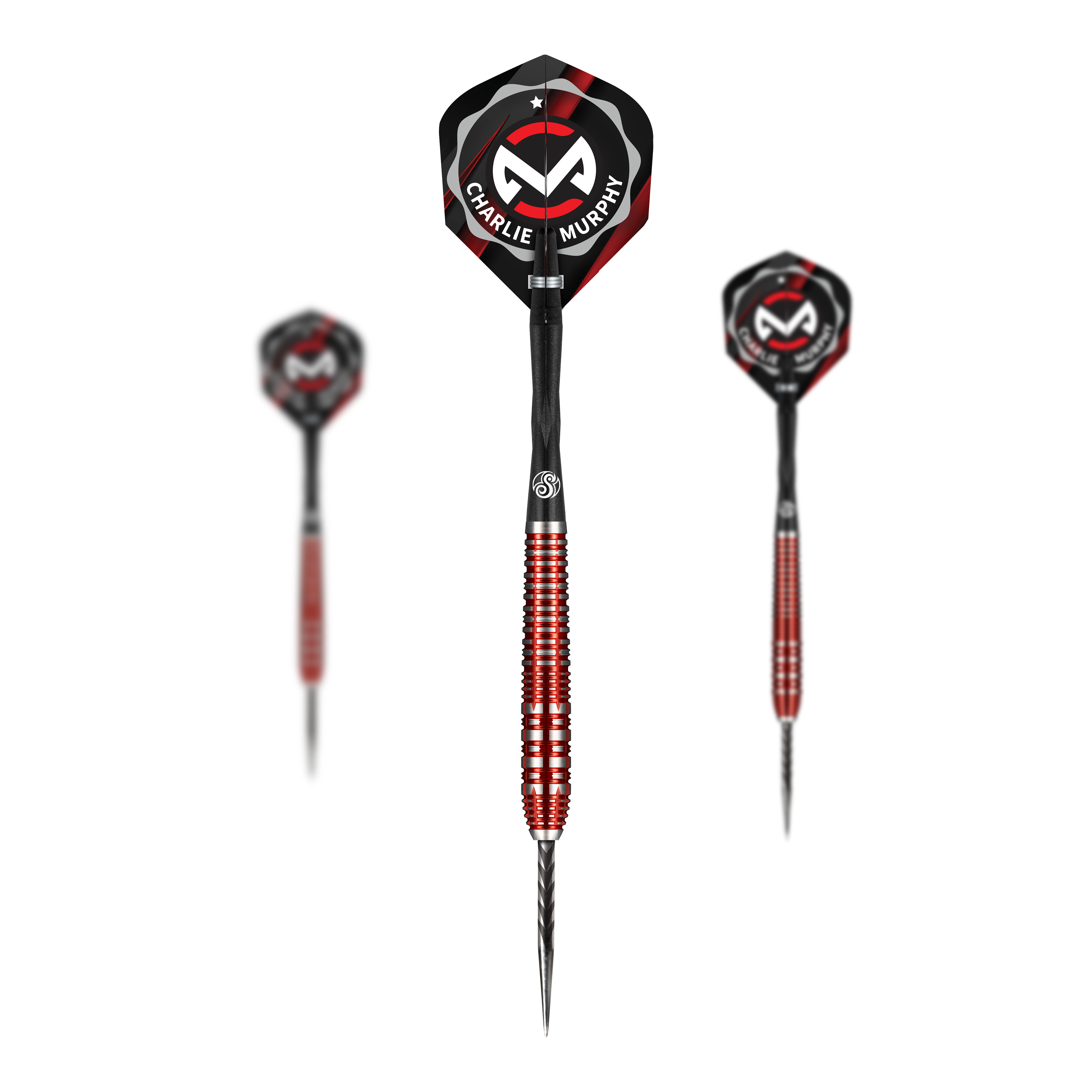 Das Bild zeigt drei Steeldarts aus der Shot Collab Pro Series Charlie Murphie, 23g. Die Darts sind schwarz und rot gestaltet und tragen den Namen "Charlie Murphie" auf den Flights.
